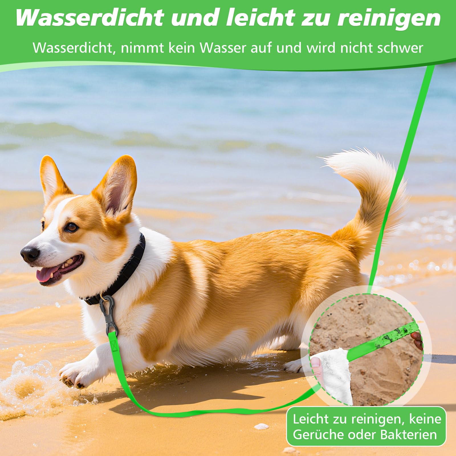 XXBEN Guinzaglio impermeabile, 10 m, gommato, moschettone, guinzaglio da corsa, taglia media, resistente, cinturino da polso