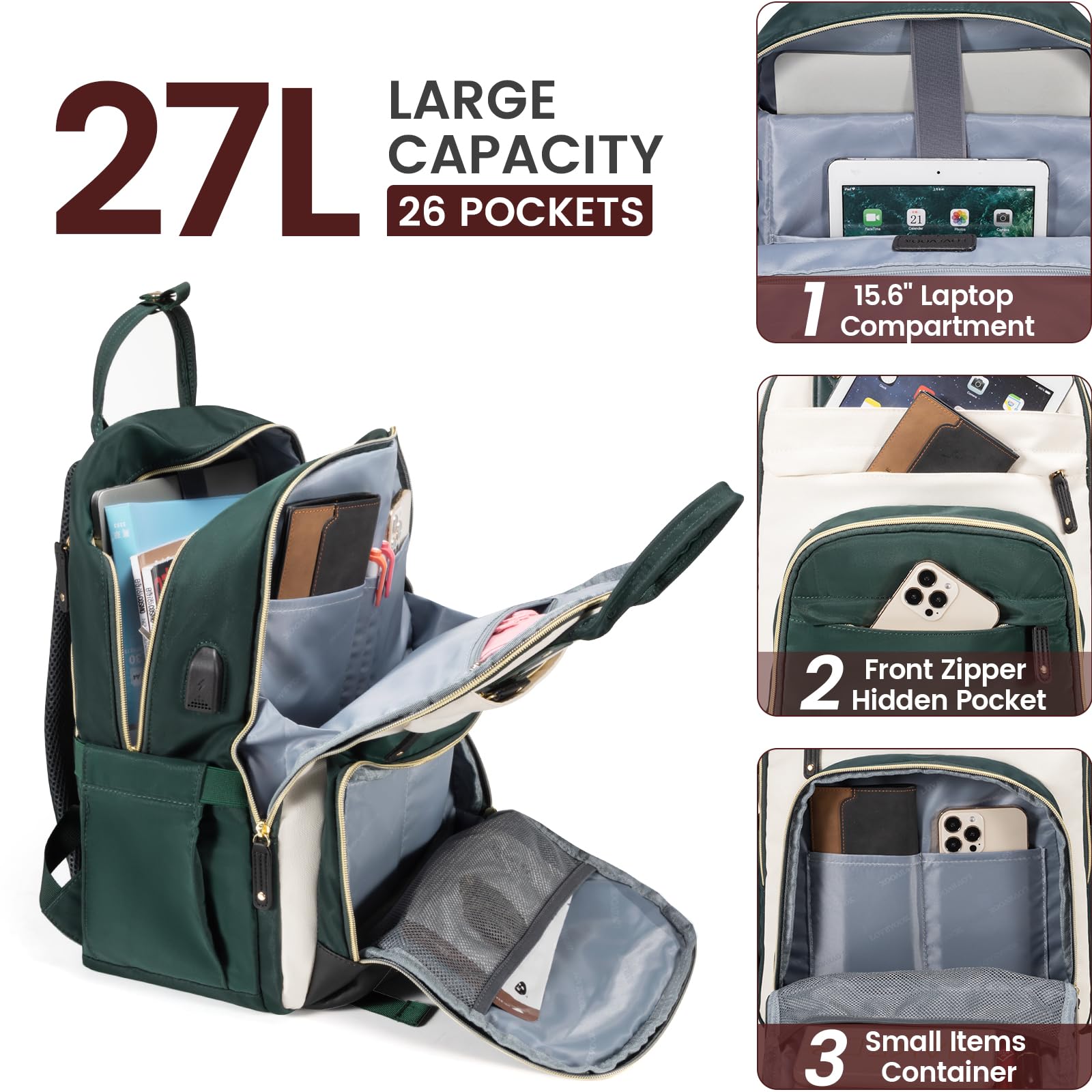 LOVEVOOK Laptop Backpack for Women Waterproof 15.6 inch Work Bag Womens Rucksack with Anti-theft Zipper & USB Port - Image 4