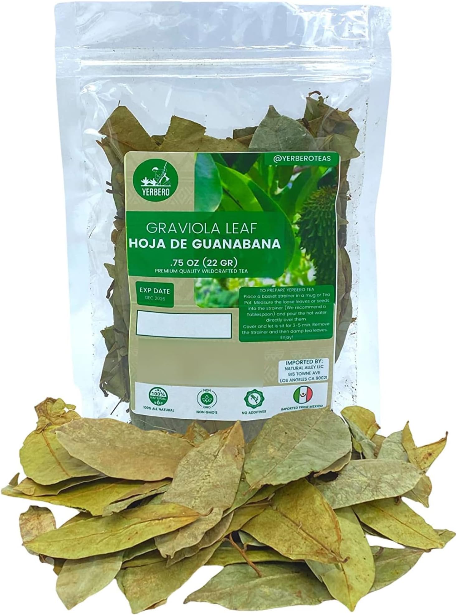 Yerbero - Hoja De Guanabana Entera (.75 oz - 22gr) Whole Dried Graviola Soursop Leaves, 100% Natural Delicious| 20+ Servings | From Mexico | Premium Wildcrafted Quality.