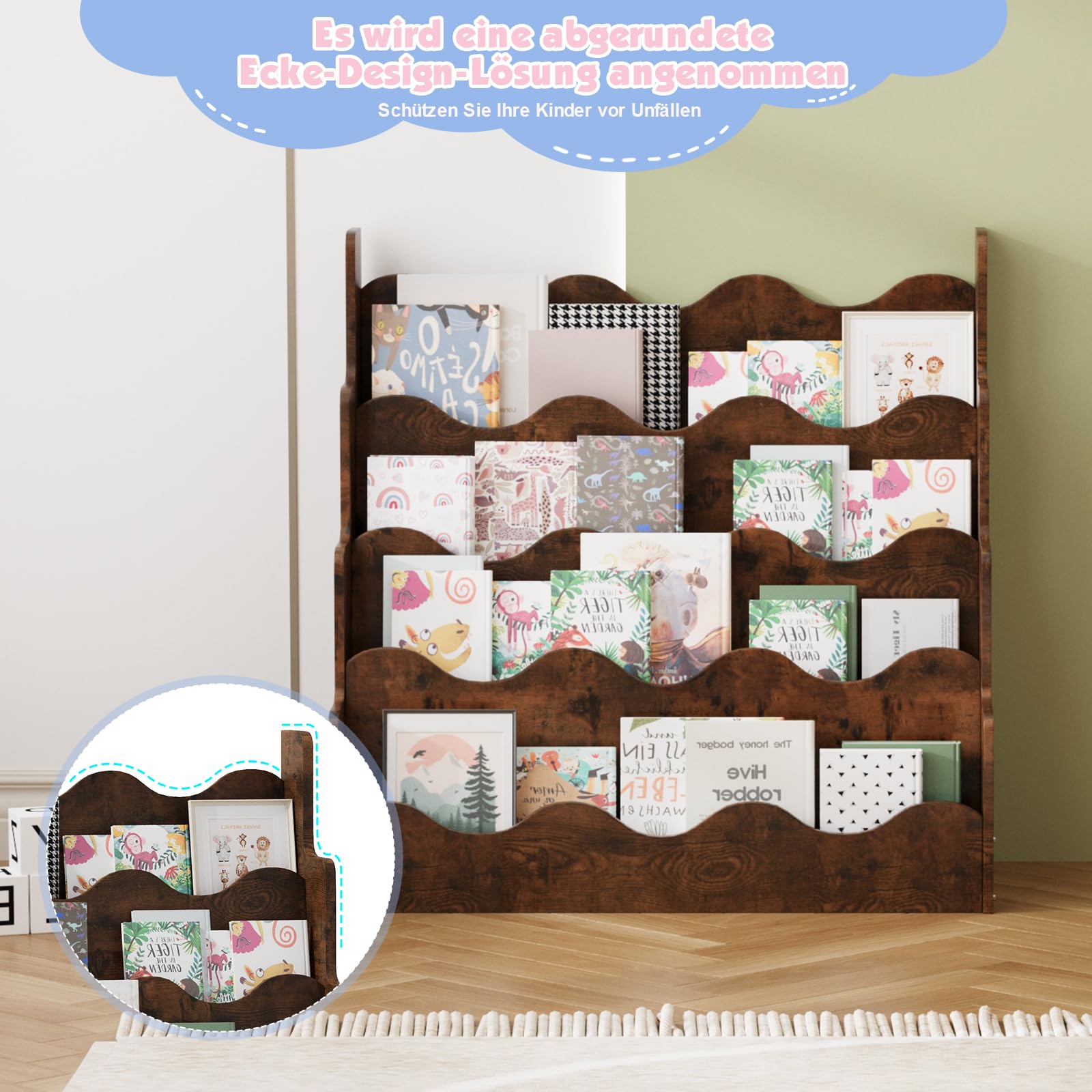 KEEPREAPER Kinder Bücherregal aus Kieferholz, Montessori Kinderregal mit 4 Ablagen, für Kinderzimmer Spielzimmer, 80x38x80cm (Braun-Welle)