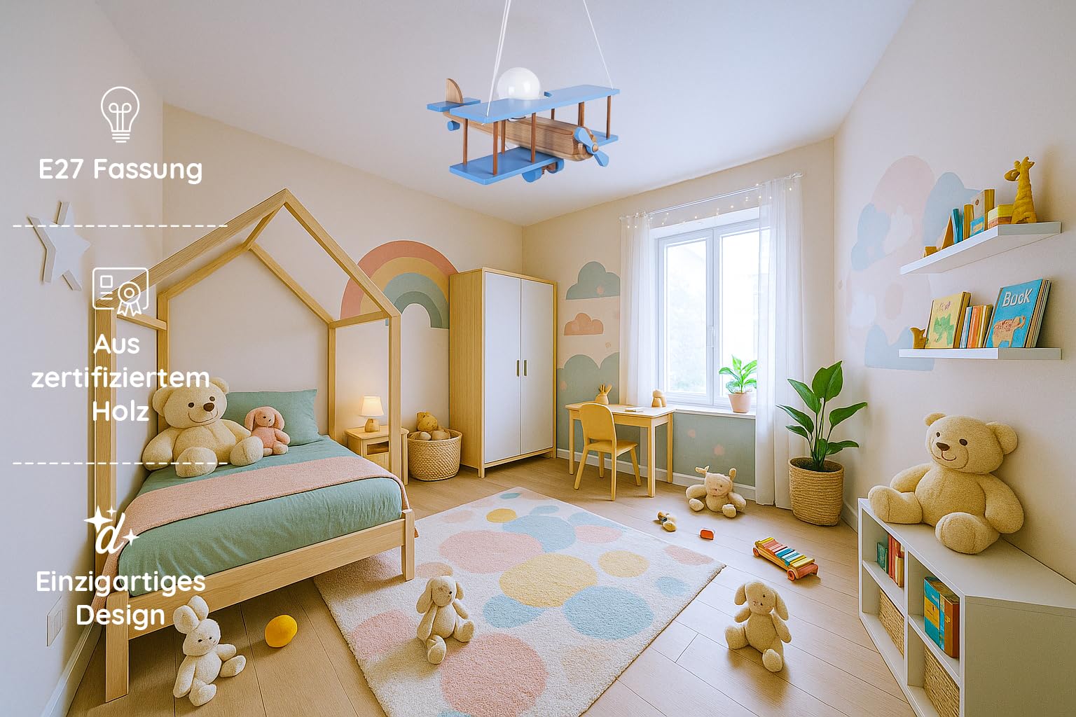 Hellux Lampada da Soffitto Cameretta in Legno | Plafoniera per Bambini | Lampada a Soffitto 75x42x45cm per Cameretta Neonato | Lampada Aereo E27 Senza Lampadina (Blu/Legno naturale)
