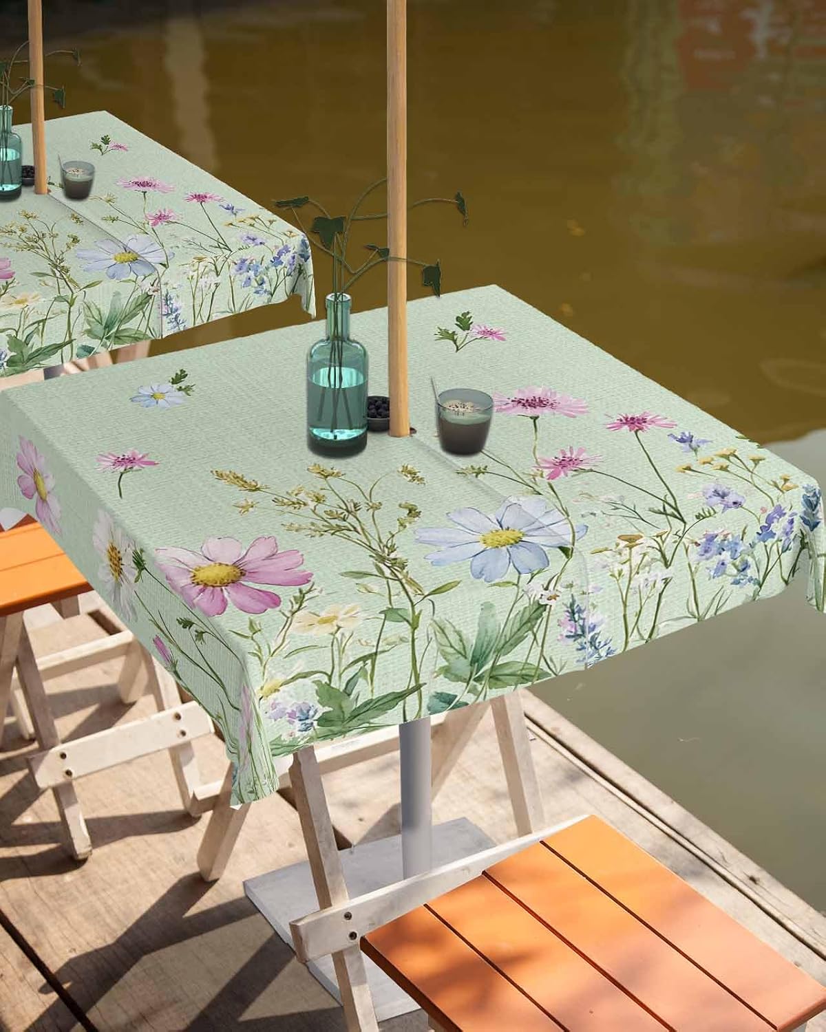 Outdoor Tablecloth with Umbrella Hole and Zipper 60" Square Rustic Floral Daisy Pastoral Flowers Green Water Repellant Table Cover Tabletop Collection for Party Patio Picnic