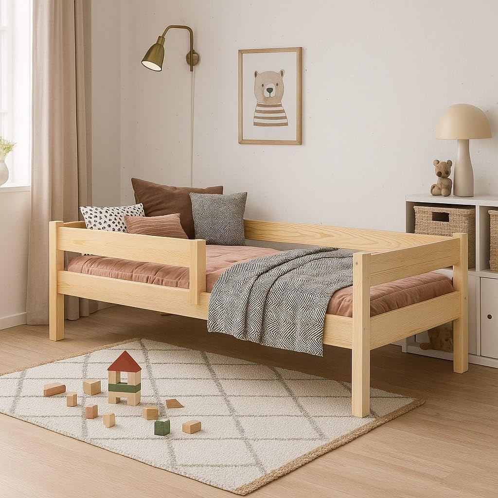 KOBI Letto per bambini 120x60 cm, con ringhiera - Letto da terra Primo in legno di pino naturale