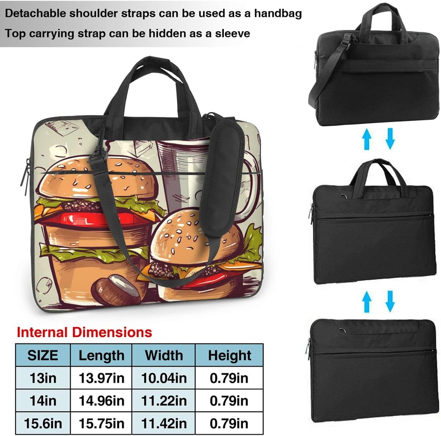 Funny Food Hamburgers and Mugs Laptop Bag 15.6 inch Business Briefcase for Men Women Water Resistant Laptop Shoulder Bag image 4