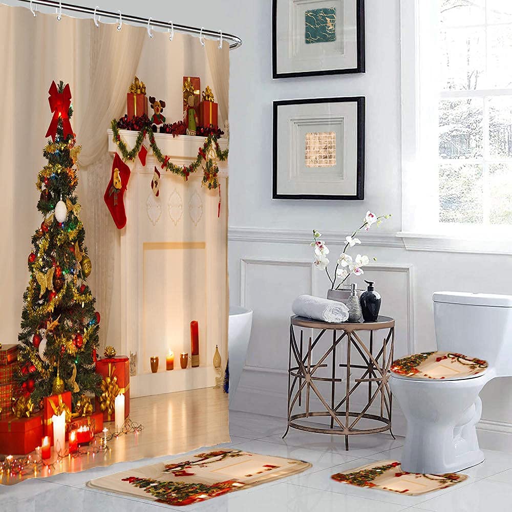 Weihnachts-Duschvorhang Set – 4-teilig Mit Weihnachtsmann-Motiv, 183 X 183 Cm, Inkl. Matte & WC-Sitzbezug