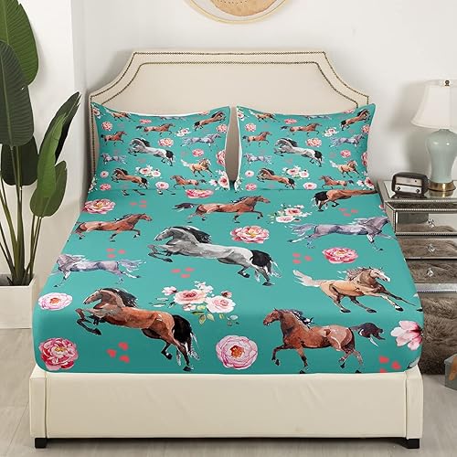 Miniatura 2 de Sábanas de cama de caballo para vaquera, sábana bajera ajustable de pétalos de rosa del suroeste para adultos jóvenes, juego de ropa de cama rústico