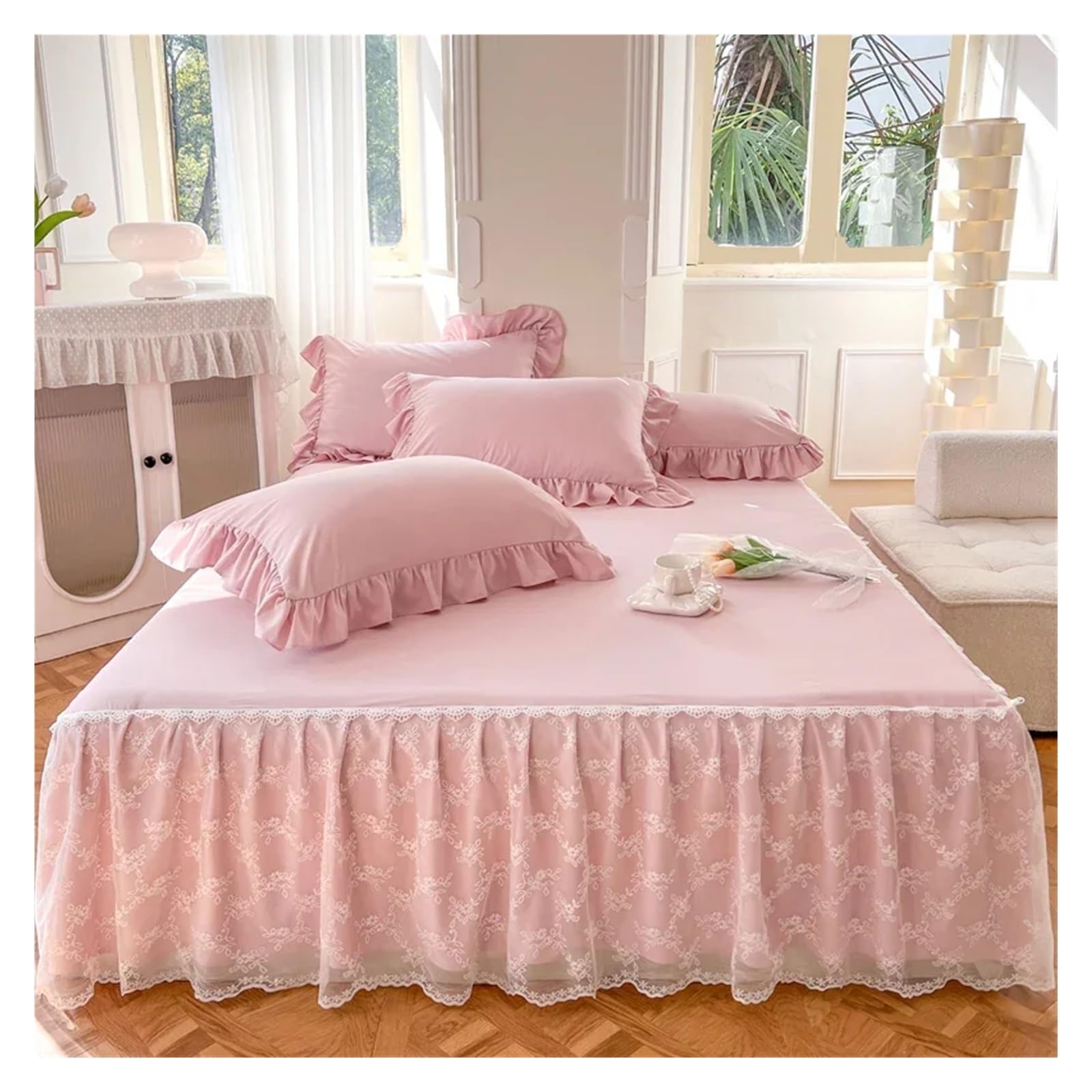 Solid Color Bed Skirt & Pillowcase Washed Cotton Wrap Around Bedskirt With Embroidered Lace White Pleated Ruffle Bed Sheet(2,180x200cm 3pcs)