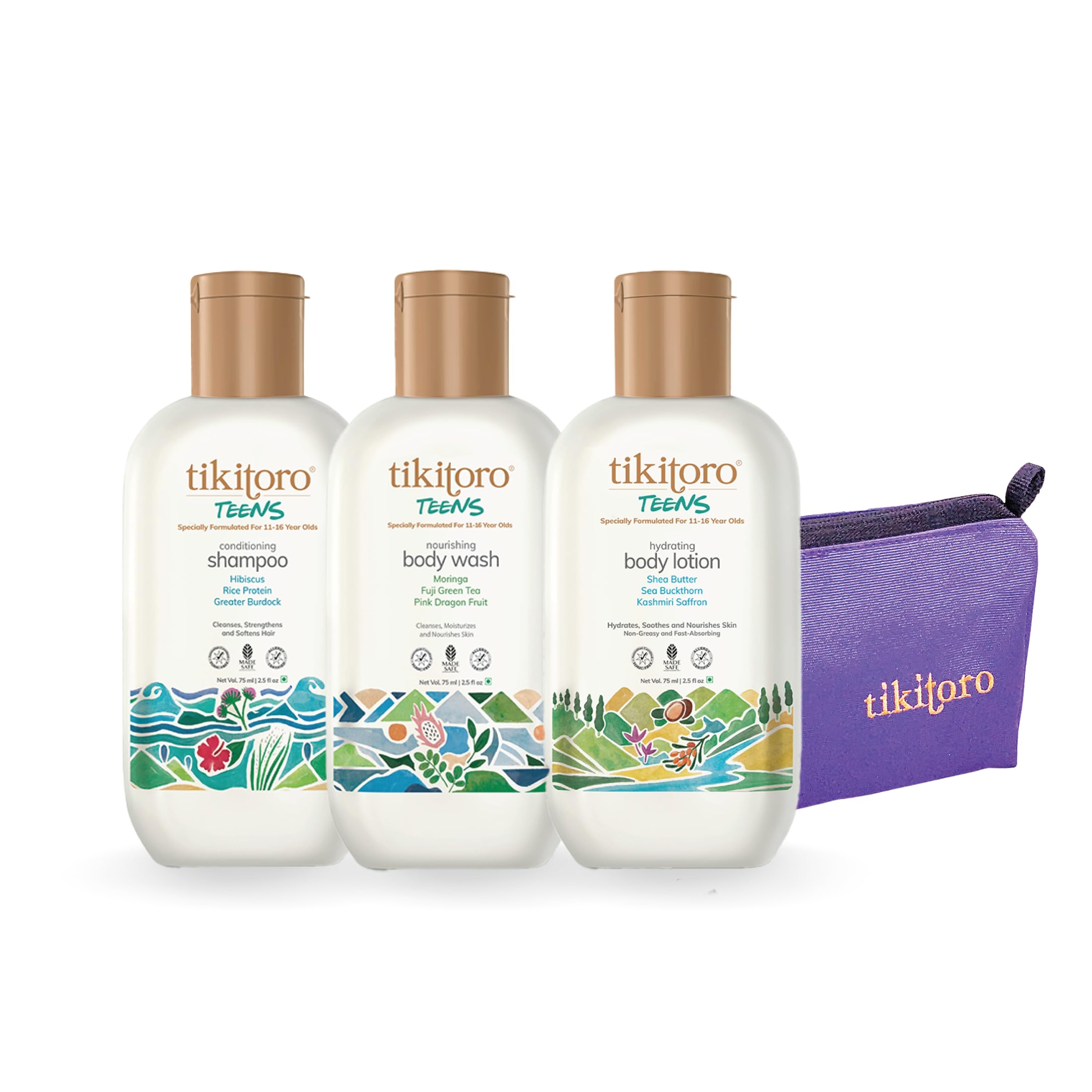 Tikitoro Teens Travel Kit With Nourishing Body Wash, Hydrating Body Lotion, Conditioning Shampoo and a Travel Pouch, Gifting Set For Children (11-16 years) (3 x 75ml)-image-13