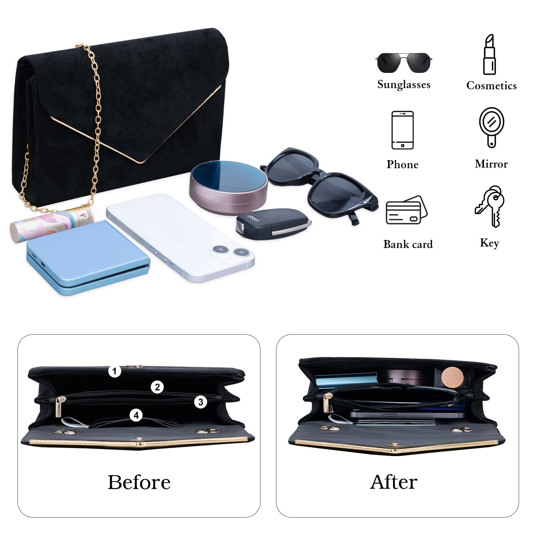 Larcenciel Clutch czarna, aksamitna torebka ze zdejmowanym łańcuszkiem, elegancka zamszowa koperta wieczorowa z kieszenią wielofunkcyjną, modna koperta z zamszu, na wesele, imprezę, 22 x 15 x 5 cm