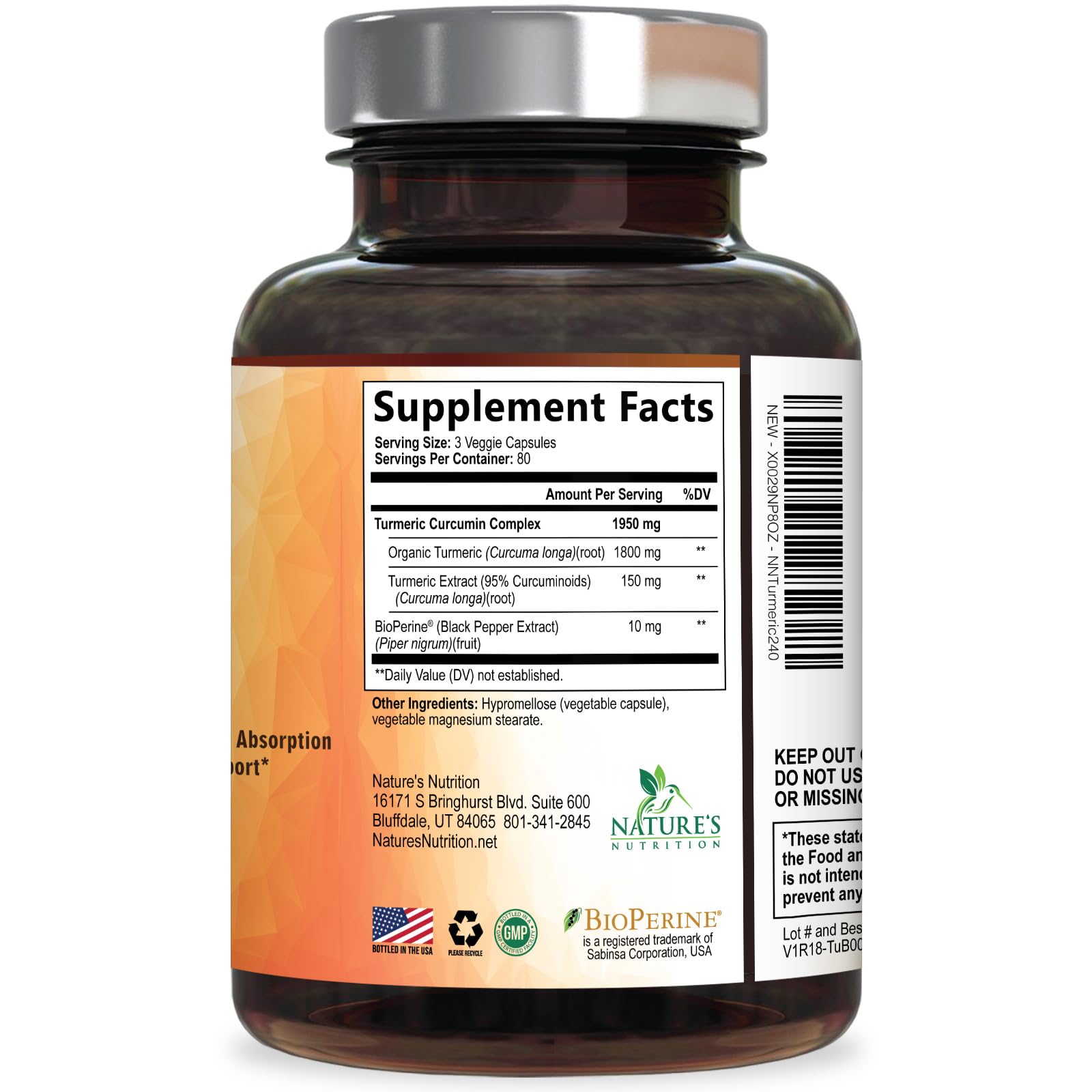 Turmeric Curcumin Supplement - 1950mg Organic Turmeric - 95% Curcuminoids & BioPerine Black Pepper Extract for Best Absorption - Natural Vegan Joint & Immune Support, Bottled in USA - 240 Capsules — Amazon image 9