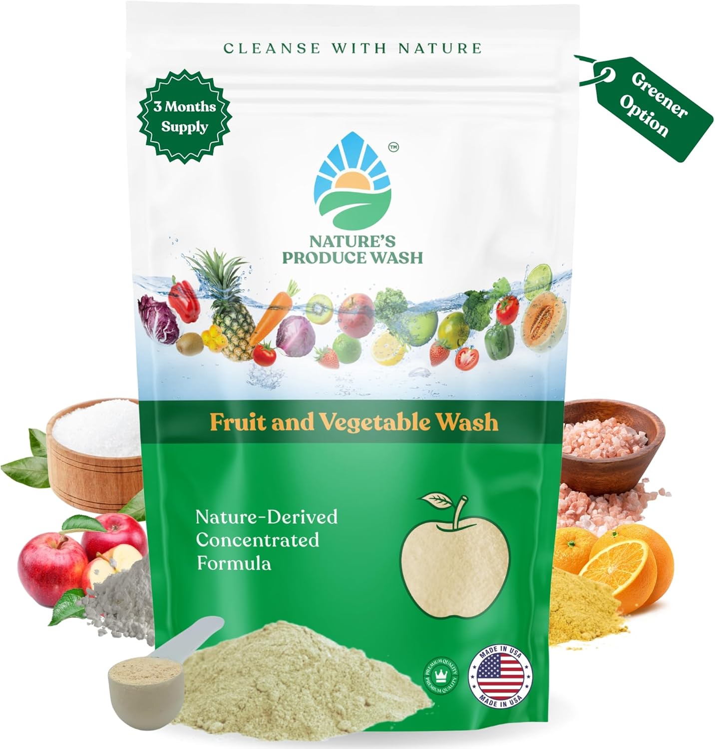 Natures Produce Wash Powder Concentrated, Fruit and Vegetable Wash, Removes Unwanted Residue, Extends Produce Life, Fruit Cleaner. 3 Months Supply or Makes 10+ Spray 16 oz Bottles