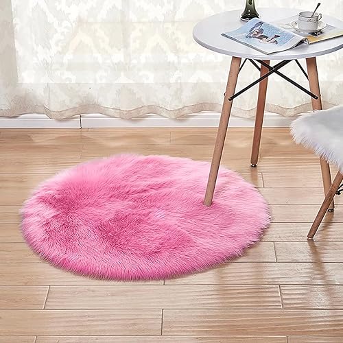 Miniatura 3 de Alfombra redonda de piel sintética rosa, alfombra circular de 2 pies de diámetro, esponjosa, súper suave, mullida, alfombra de piel sintética