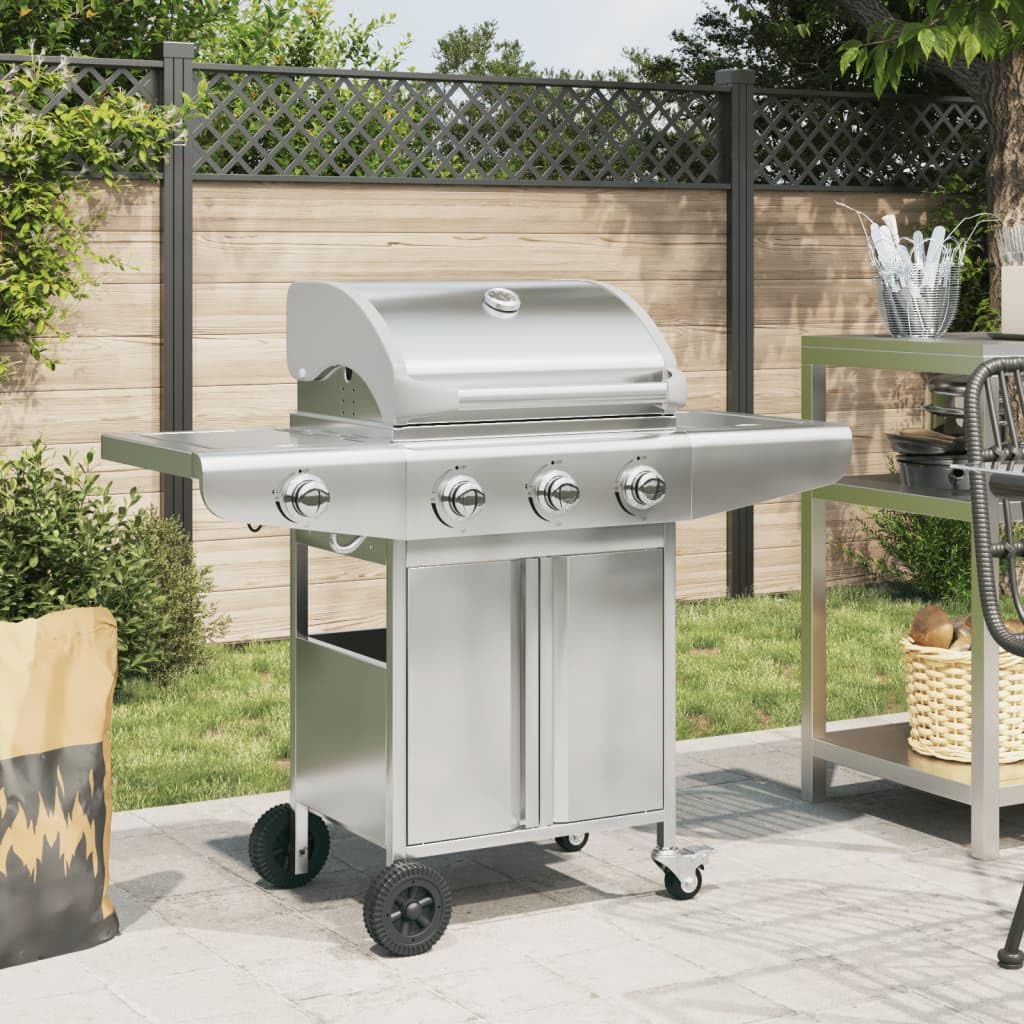 vidaXL Barbecue gril à gaz avec 4 brûleurs argenté acier inoxydable, grill extérieur, cuisine extérieure, barbecue, barbecue avec rangement