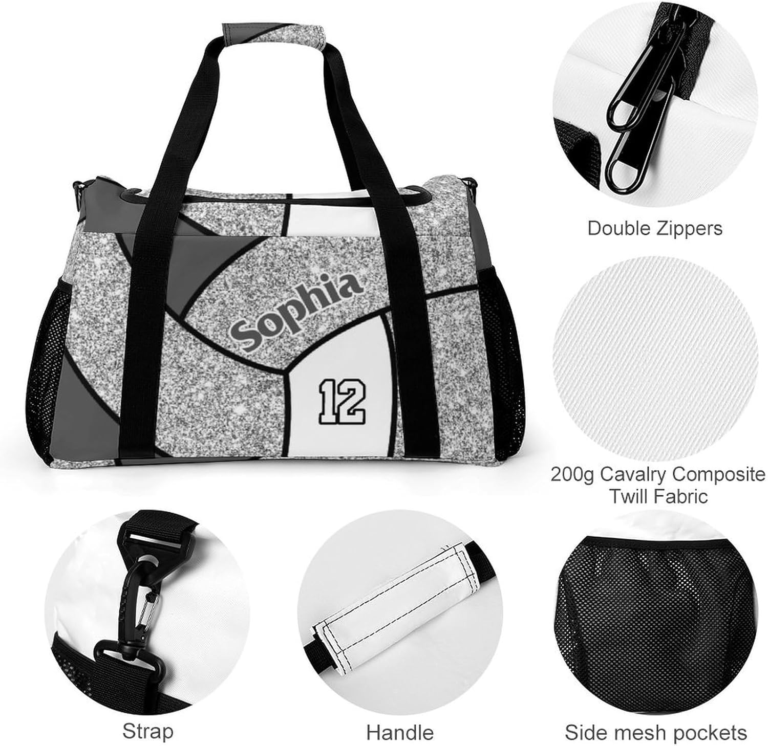 Custom Silver Volleyball Duffel Bag with Name Personalized Travel Bags Sport Gym Bag Carry On Weekender Bags for Men Women
