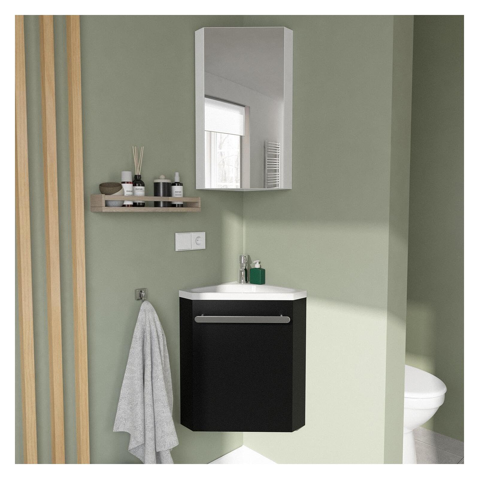 Vasque d'angle SKINO et armoire pour gagner de la place dans vos WC