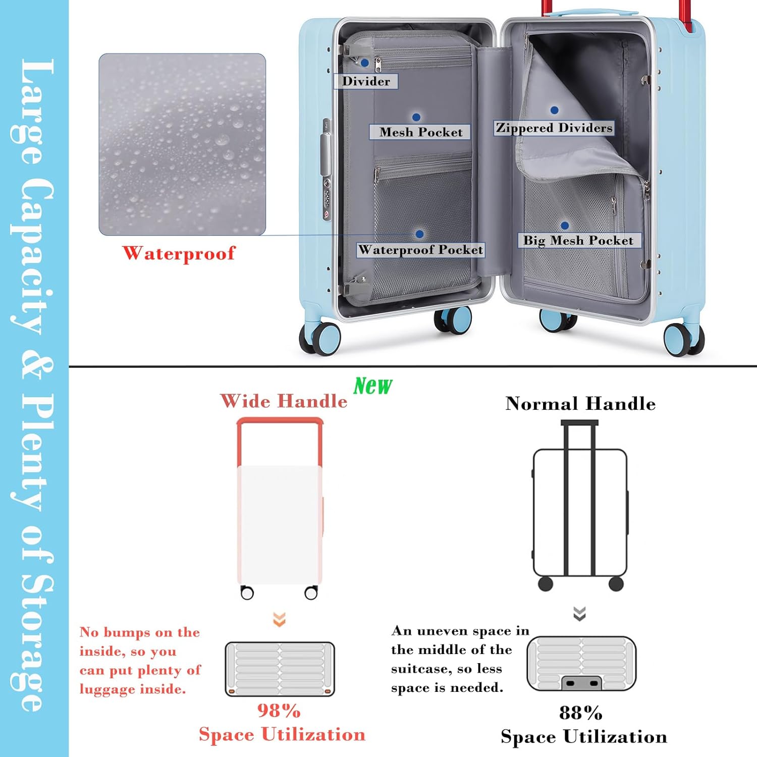 Somago Carry On Luggage Wide Handle 20 Inch Suitcase with Front Compartment Aluminum Framed PC Hardside 22x14x9 No Zipper Business Baggage with Spinner Wheels USB Charging Port TSA Lock (Light Blue) - Image 6