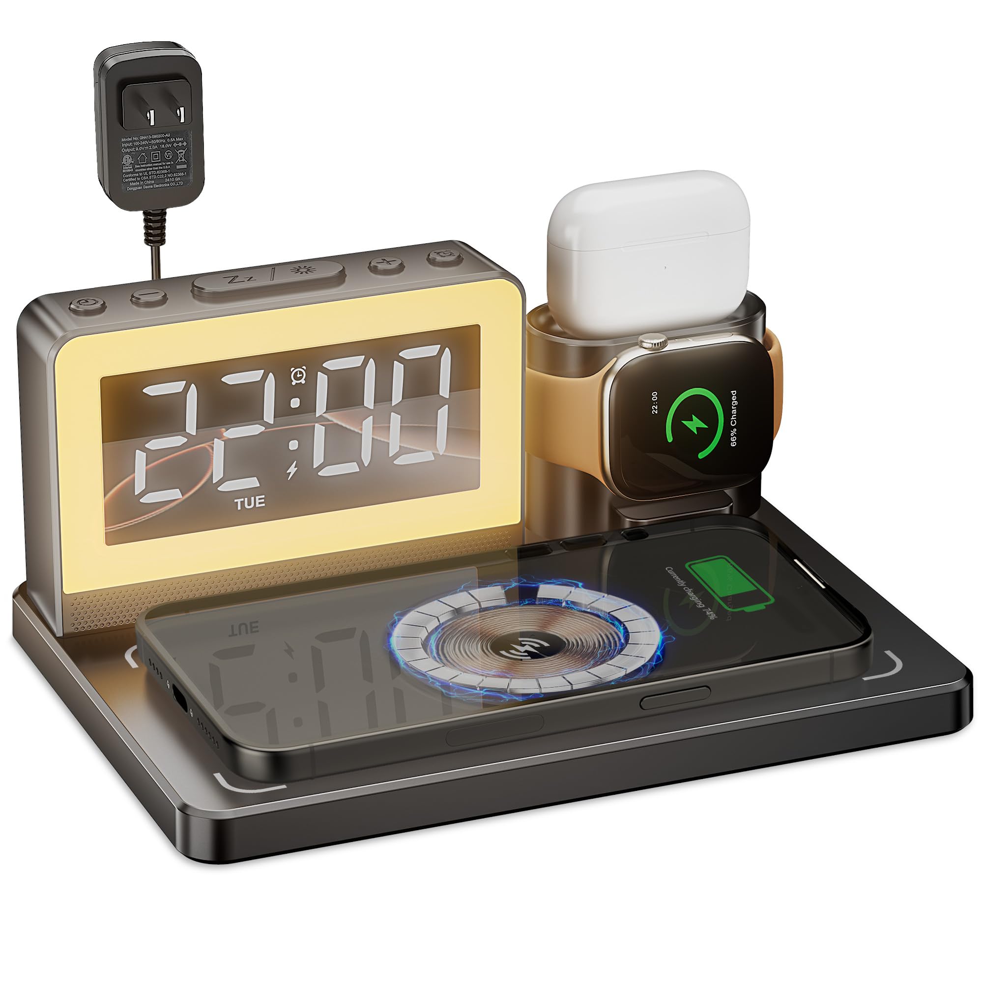 YEAPOWER Wireless Fast Charging Station - 7 in 1 Alarm Clock with Wireless Charger Stand - Charging Dock for Apple,for Samsung Galaxy Multiple Devices