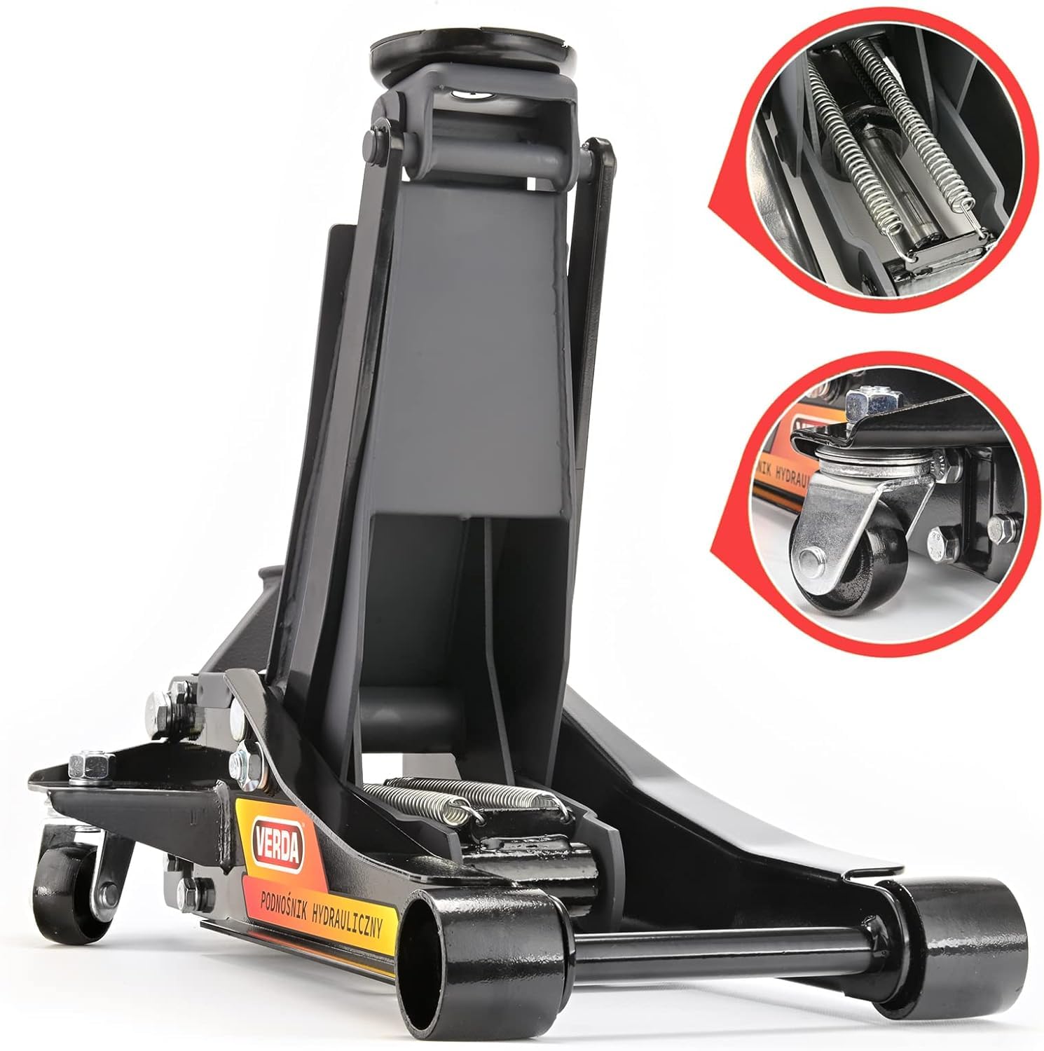 Cric Idraulico 3T (3000 kg), Altezza di Sollevamento 80–465 mm, con 2 Tamponi in Gomma, Guanti da Lavoro e Cavalletti di Supporto, Cric a Carrello Ribassato Professionale con Doppio Pistone