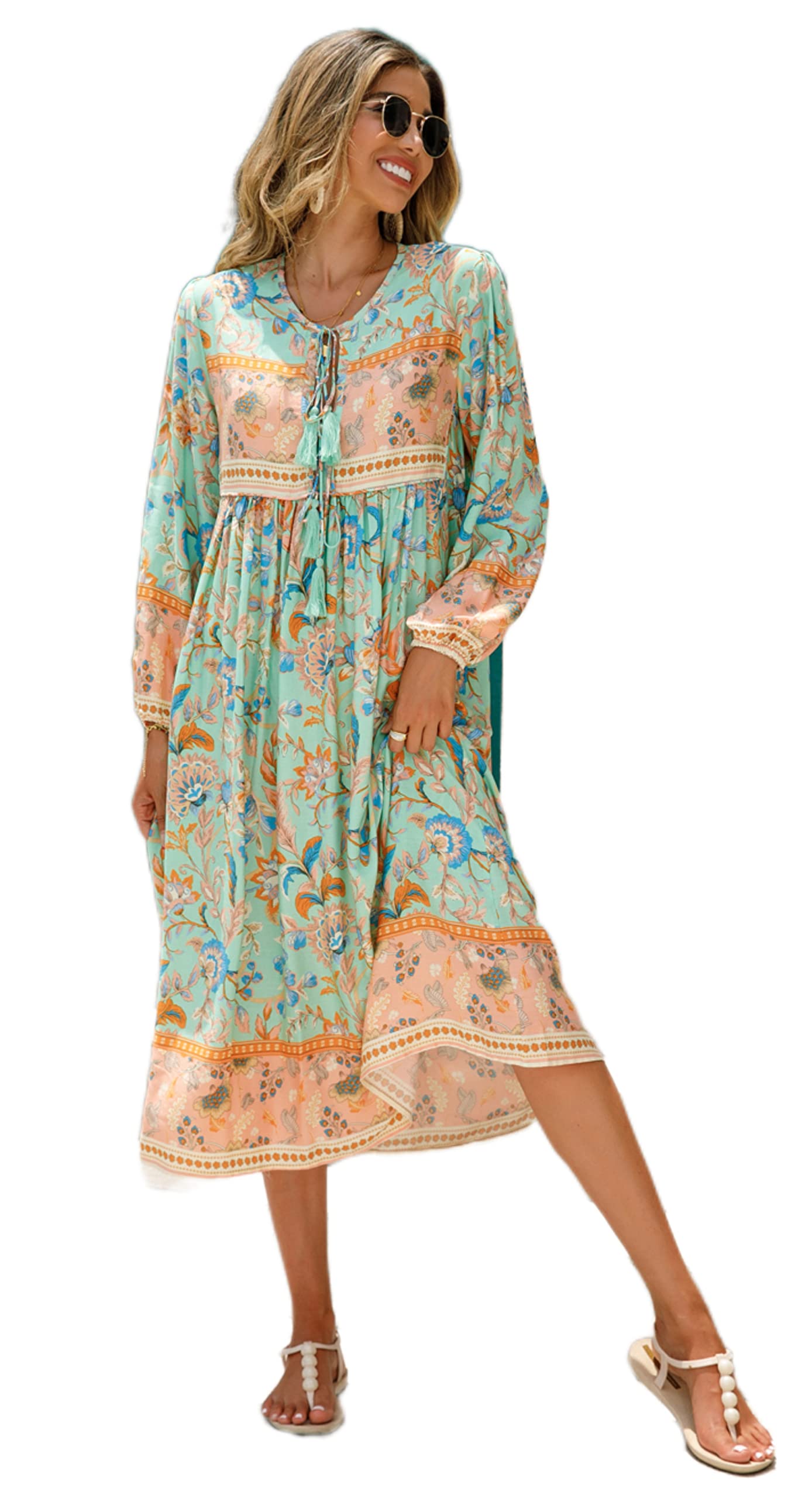 R.Vivimos Damen Beiläufig Bohemien Drucken Krawatte Langarm Strand Stil Lang Midi Urlaub Kleid
