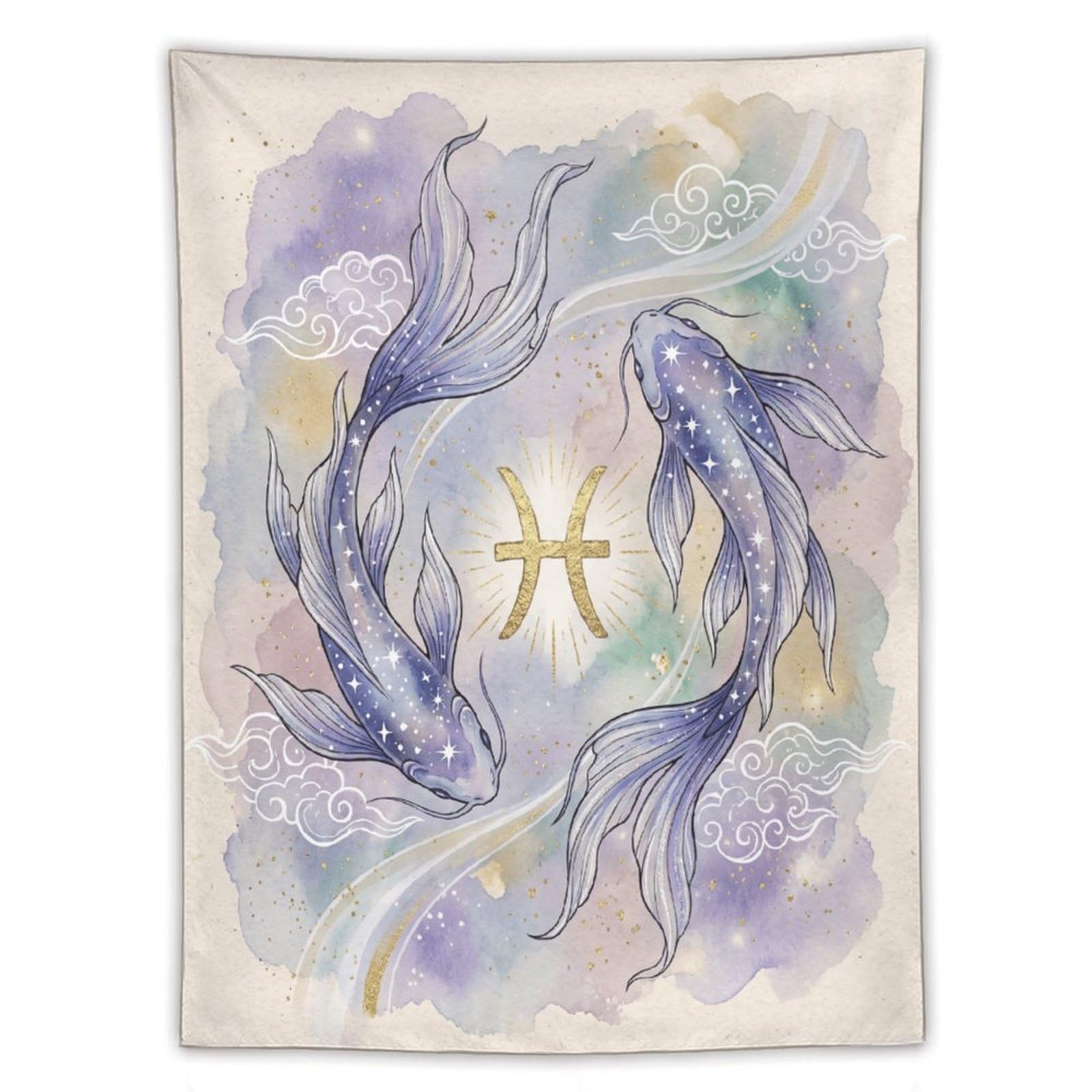 W7C8U2X3 Pisces Koi Watercolor Wall Tapestry, Ukiyo-e Style, Zen Water