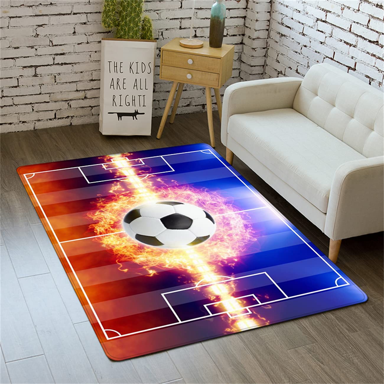 Tappeto con stampa 3D di calcio per ragazzi e uomini, antiscivolo, stile sportivo, con Yin Yang, acqua, fuoco, fulmini, verde, per videogiochi, lavabile, 140 x 200 cm, blu
