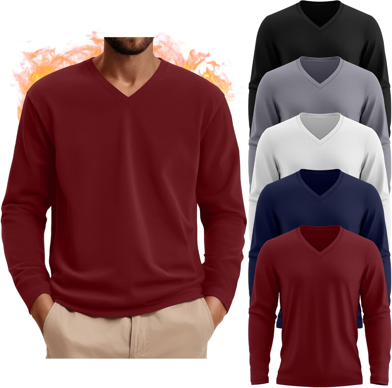 August Alley 5 Pack Thermal Long Sleeve Shirts for Men V Neck Fleece T Shirt Loose Fit Base Layer Sweatshirts Cold Weather