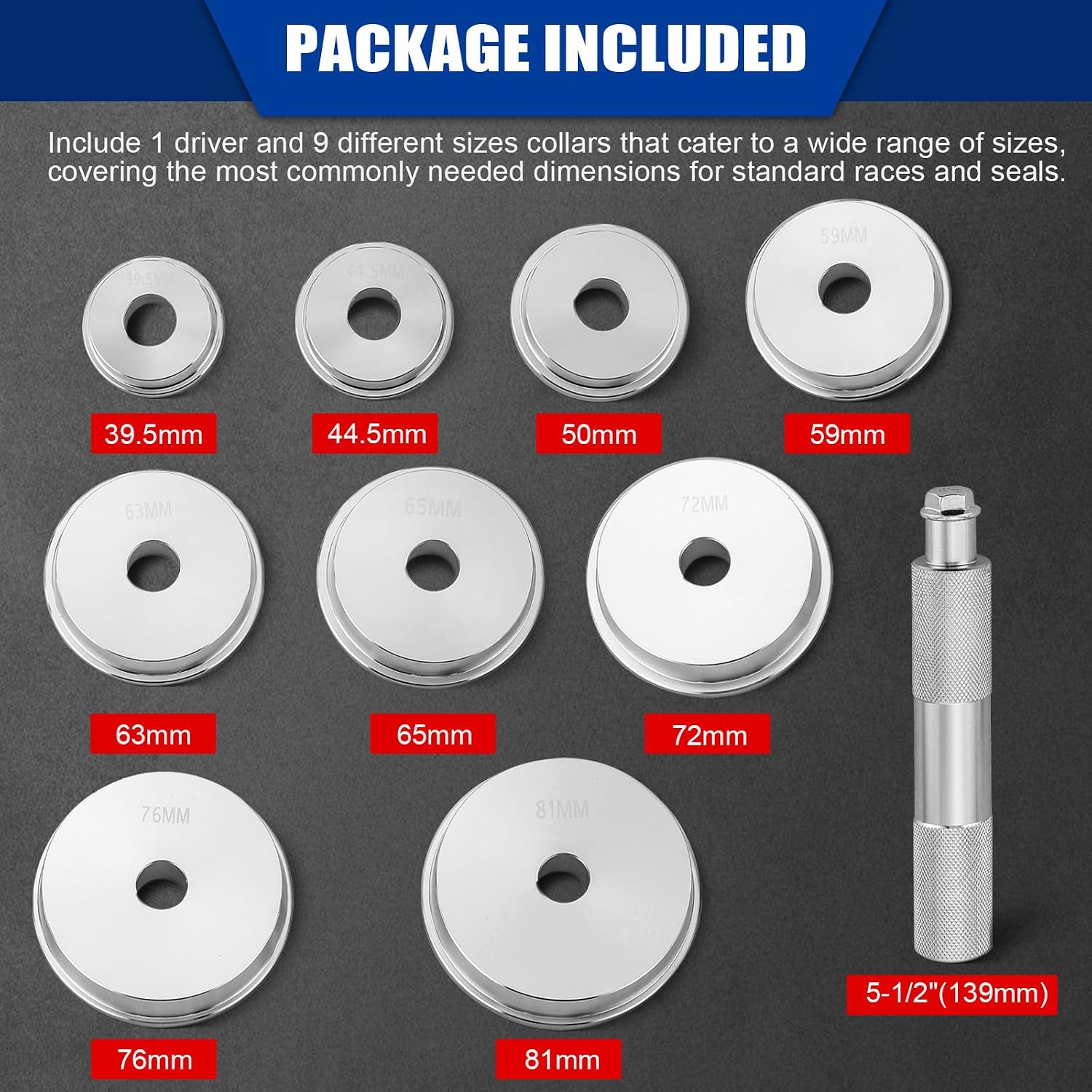 NYXOVA Bearing Press Kit, 10pcs Universal Bearing Race and Seal Bushing Driver Install Set with Seal Driver and 9 Bearing Adapters, Seal Bushing Driver Install Set for Bearing Installation