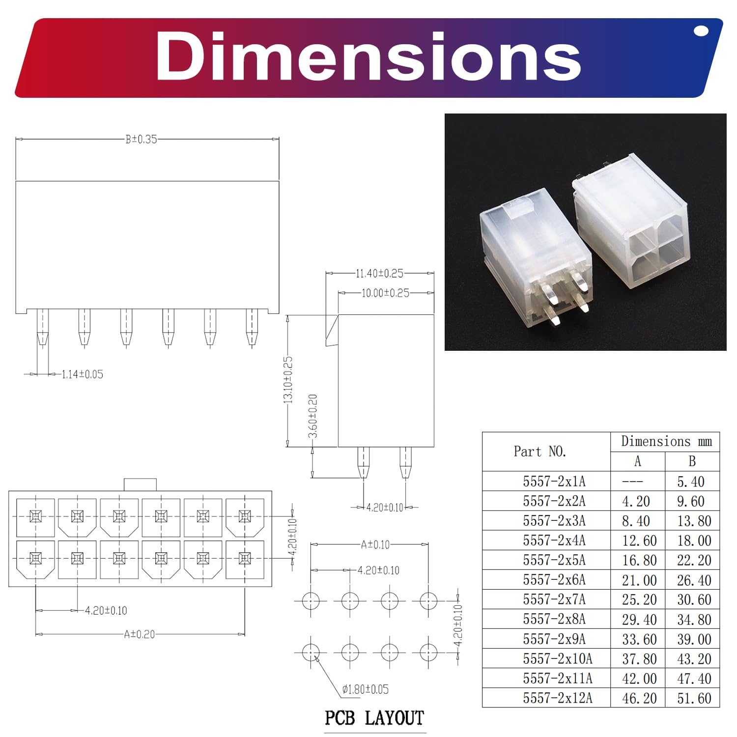Mini-Fit Jr – En-tête DIP 4,2 mm compatible avec kit de connecteur Molex, MX4.2 double rangée 2 x 2/3/4/5/6/7/8/9/10/12P 5557 en-tête vertical à trou traversant (MX4.2D-DIP-Ver)
