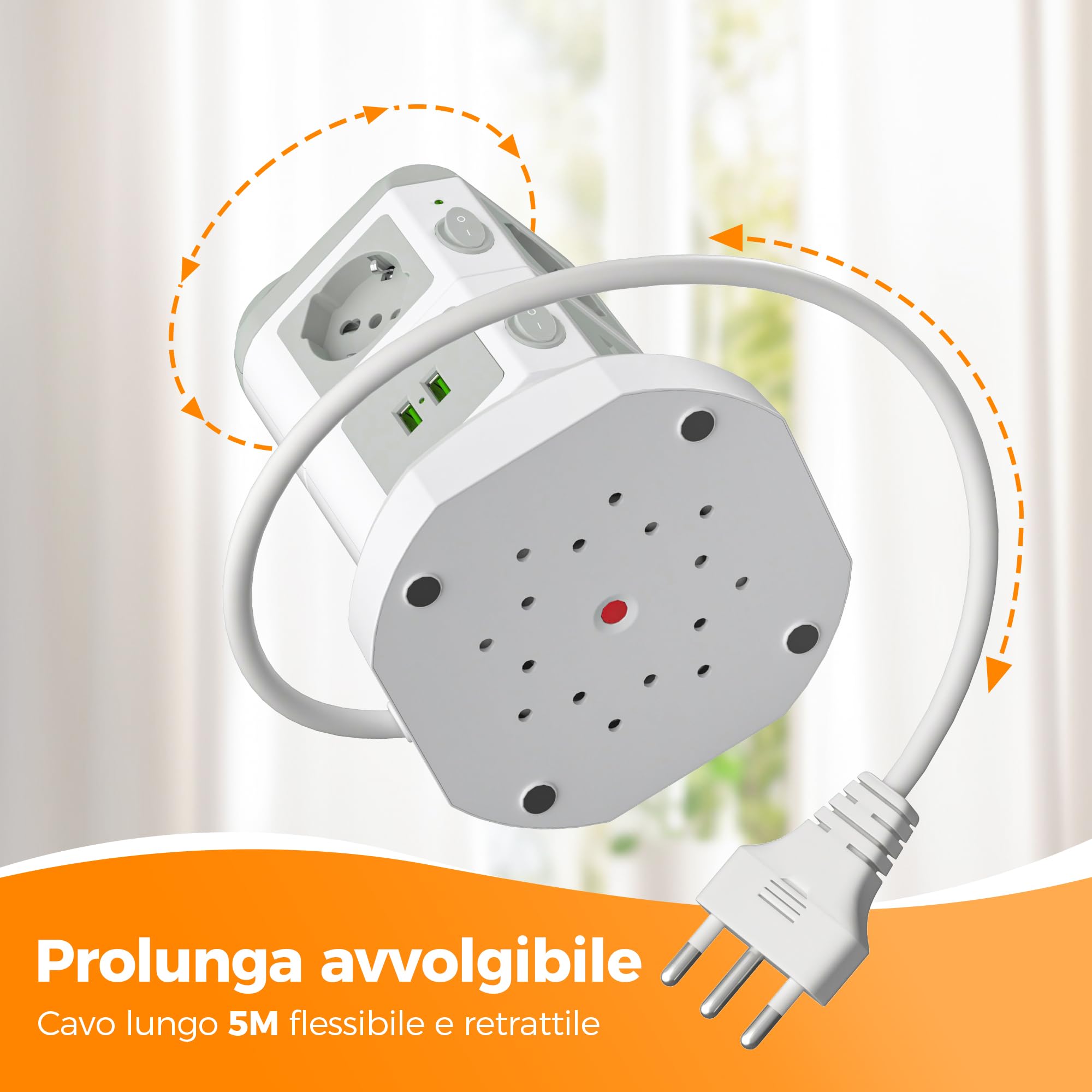 TESSAN Prolunga Retrattile 5M, Ciabatta Multipresa con 2 USB C, 6 Prese | Multipresa Verticale con 2 Interruttori Indipendenti, Girgio