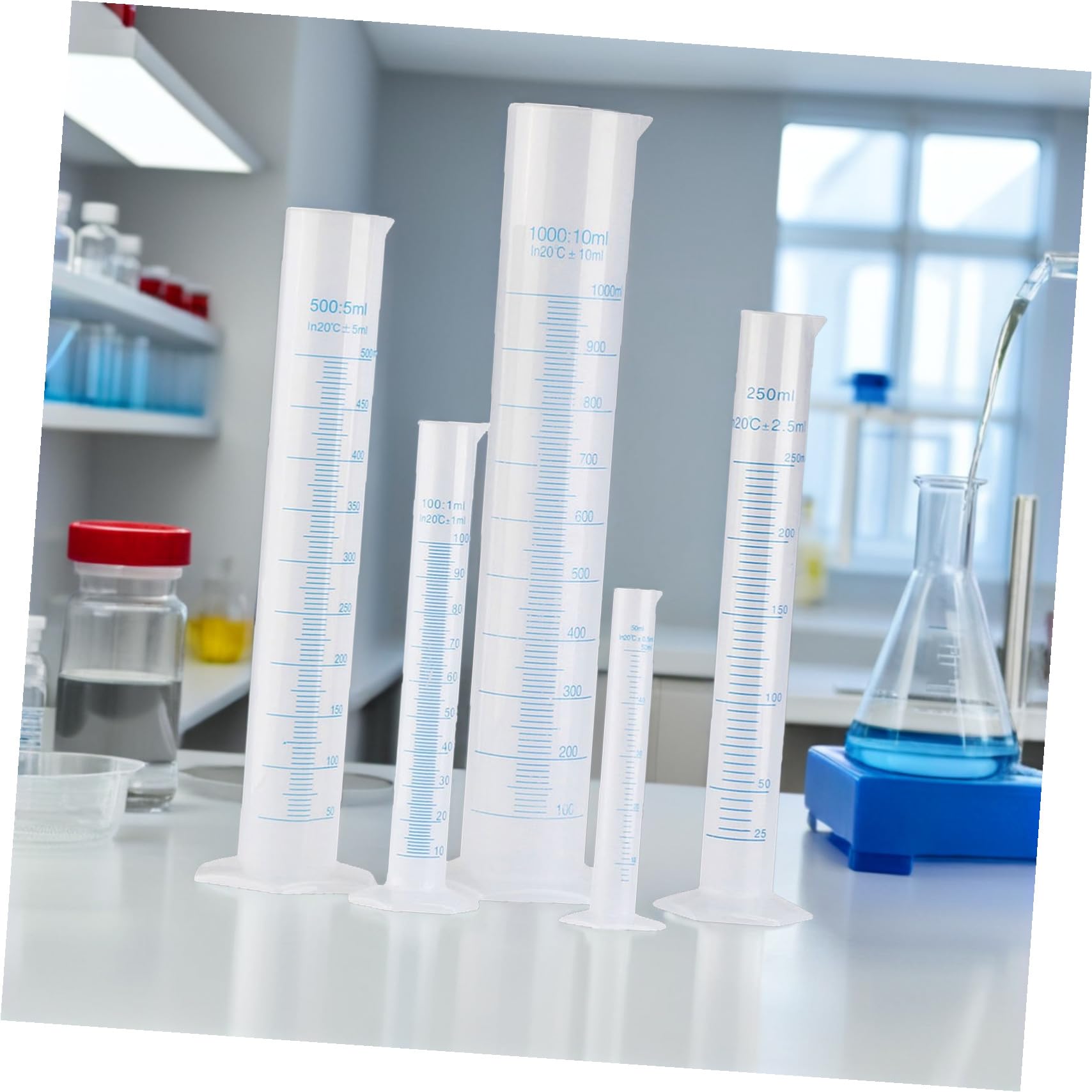 5 Stück Messzylinder Kunststoff mit Skala 50ml bis 1000ml Praktischer Laborzylinder für Haushalt Schule und Chemische Forschung