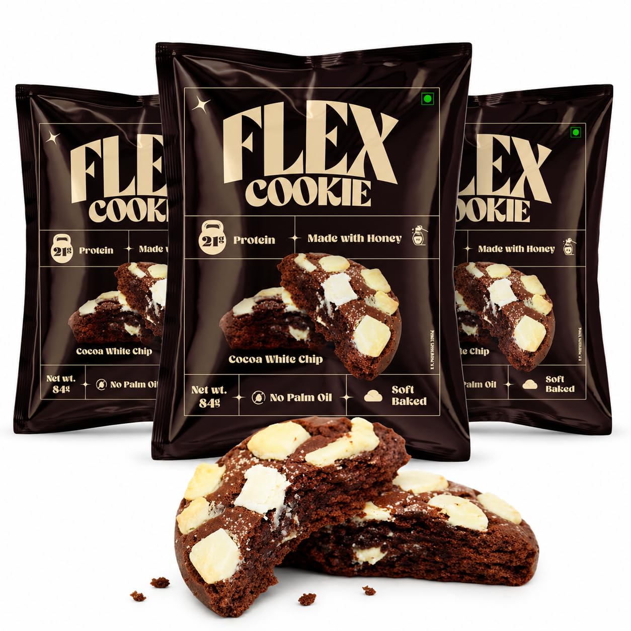 Flex Cookie – High Protein Gourmet Cookie | Cocoa White Chip Protein Cookie | 21g Protein | Soft-Baked • No Preservatives • No Palm Oil | Fitness Snack | Pack of 4-image-40