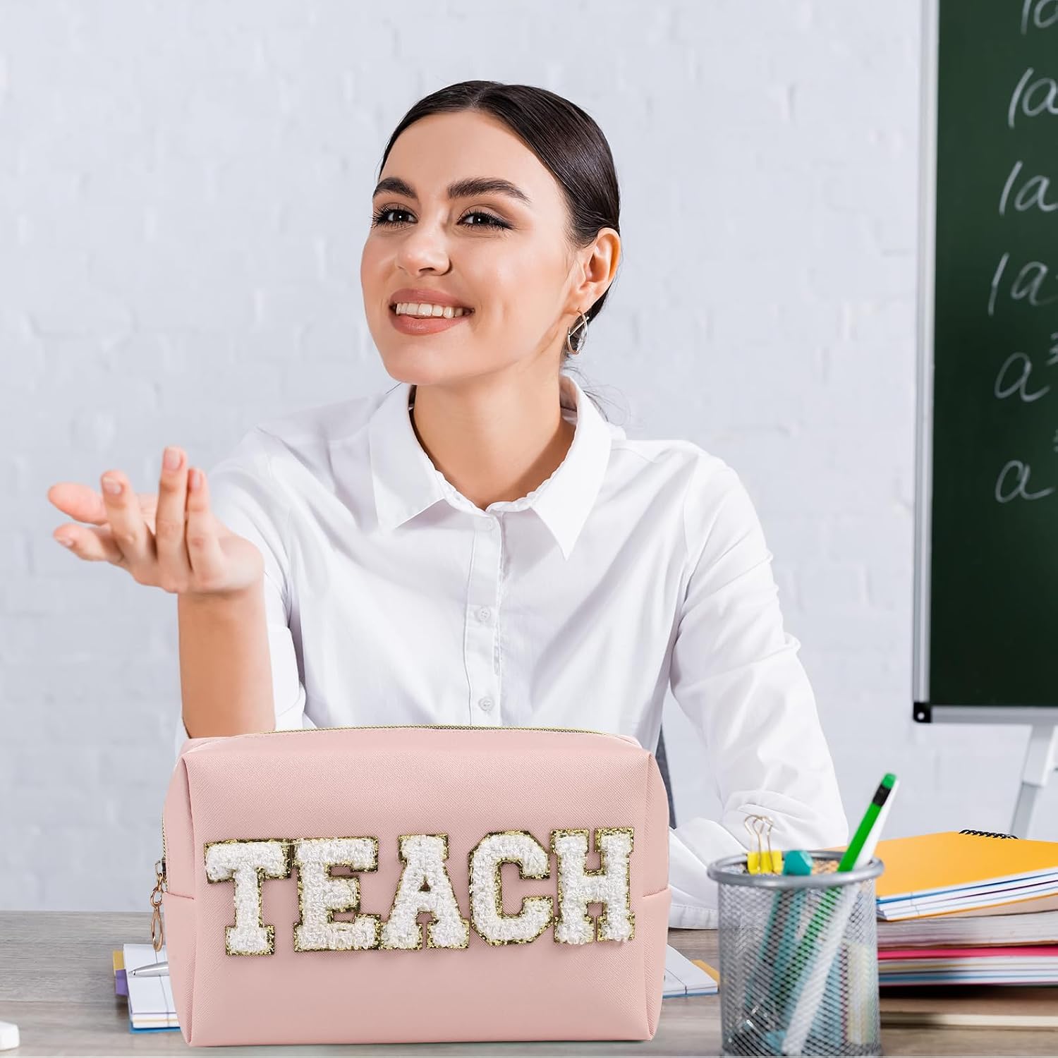 Chunful 12 Pcs Teach Bag Teacher Appreciation Gifts Bulk Chenille Letter Makeup Bag PU Leather Zipper Pouch Portable Travel Organizer Graduation Retirement Gifts for Women