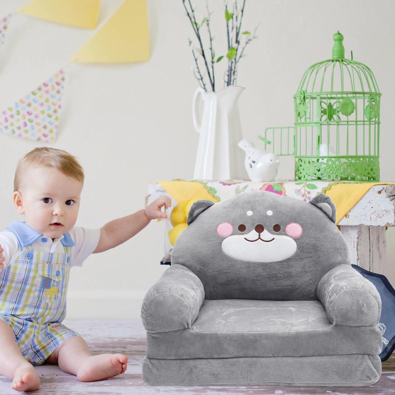 Hemobllo Sofá Cama Infantil 2 en 1 Plegable, 90x50 cm, Felpa Gris Oso, Funda Lavable, Convertible Sillón-Tumbona para Dormitorio, Guardería, Regalo Niños 1-4 Años