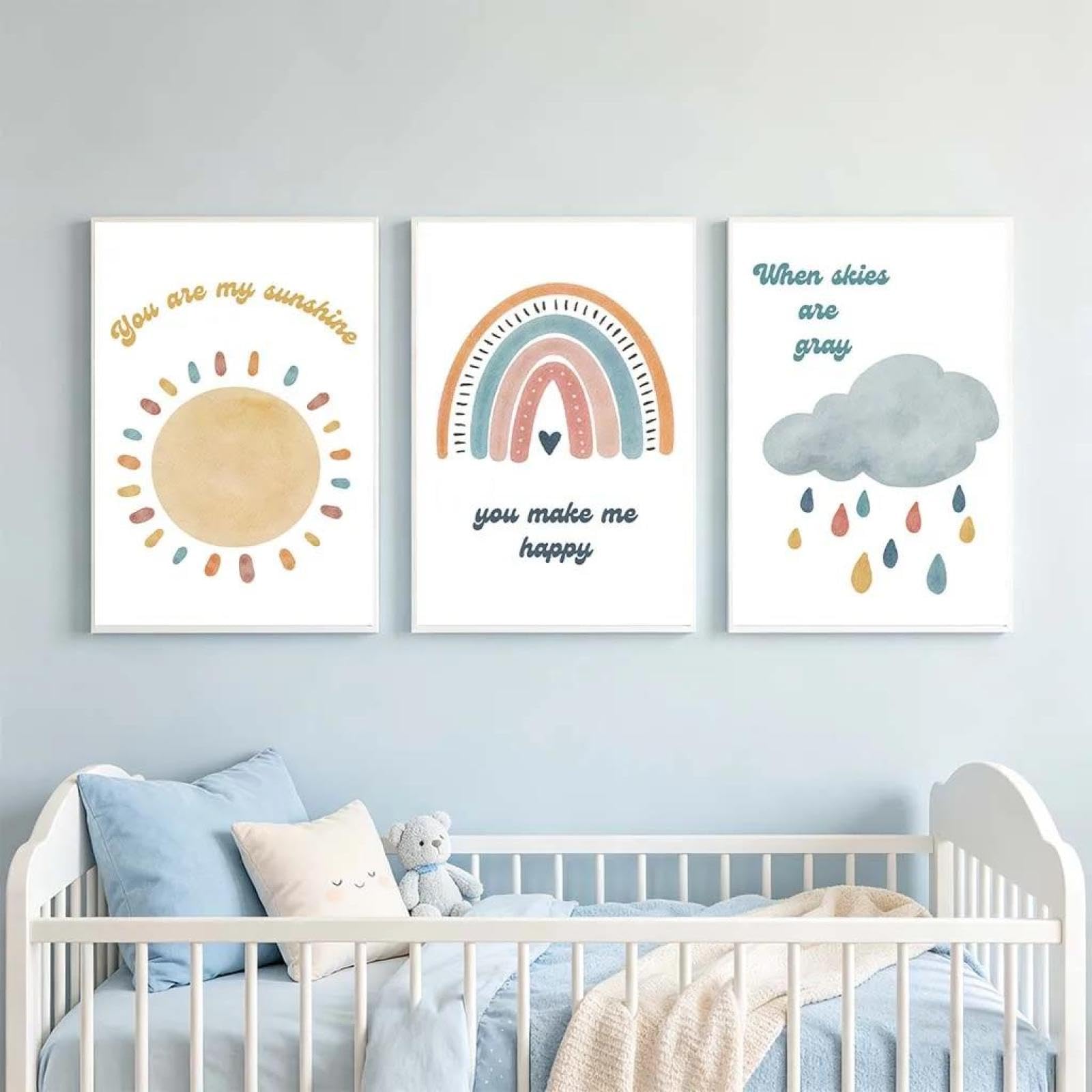 Baibexing You Are My Sunshine Letter Wall Art Rainbow Sun Cloud Canvas Painting Poster Prints Picture For Nursery Kids Room Decor 60X80Cmx3Pcs Unframed