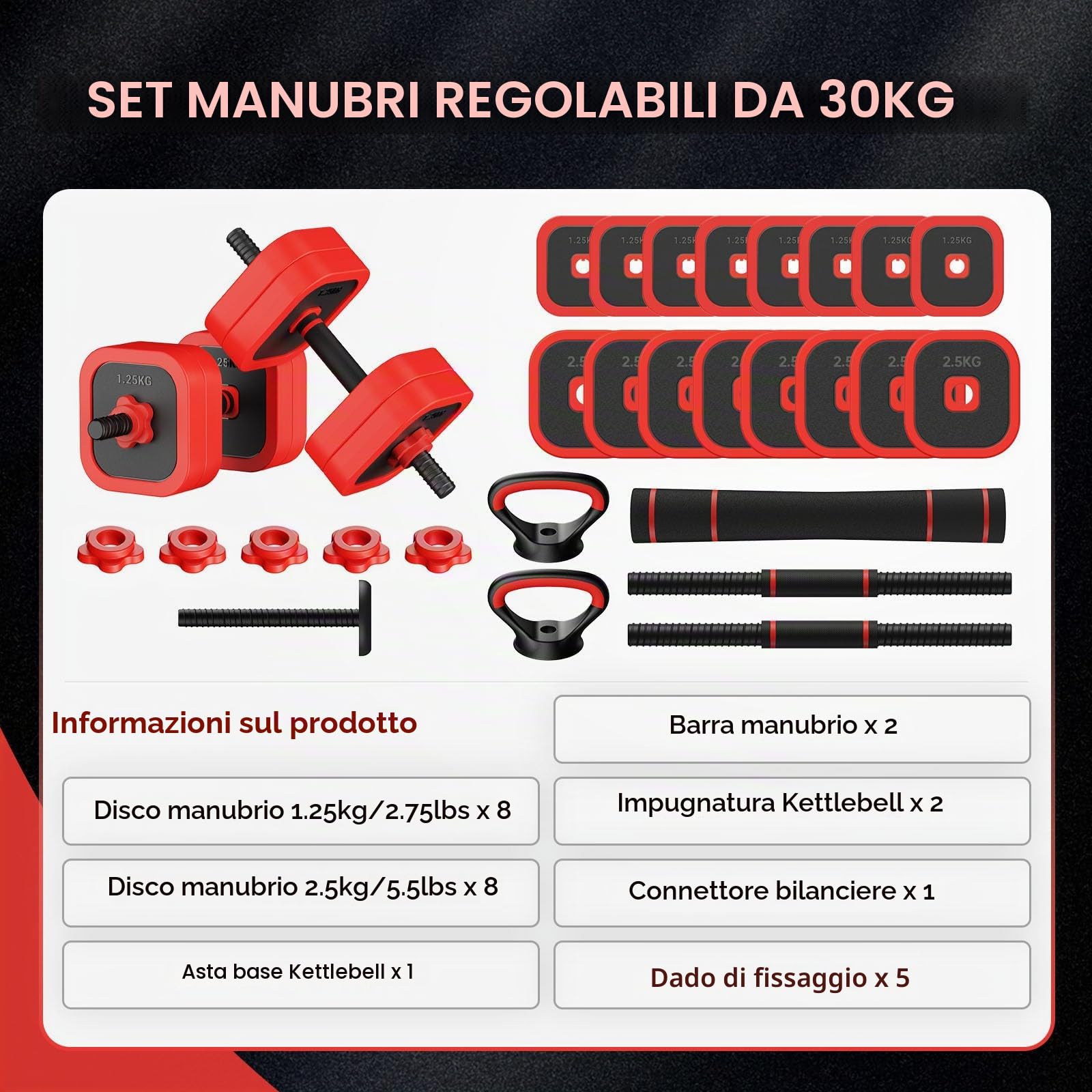 JOROTO Set Manubri Regolabile 10/30KG 4-in-1-Manubri,Bilanciere,Kettlebell&Supporto Flessioni con 8x1,25KG+8x2,5KG Dischi Sabbia Ferrosa,Impugnatura Antiscivolo,Compatto per Home Gym, Allenamento&Fit