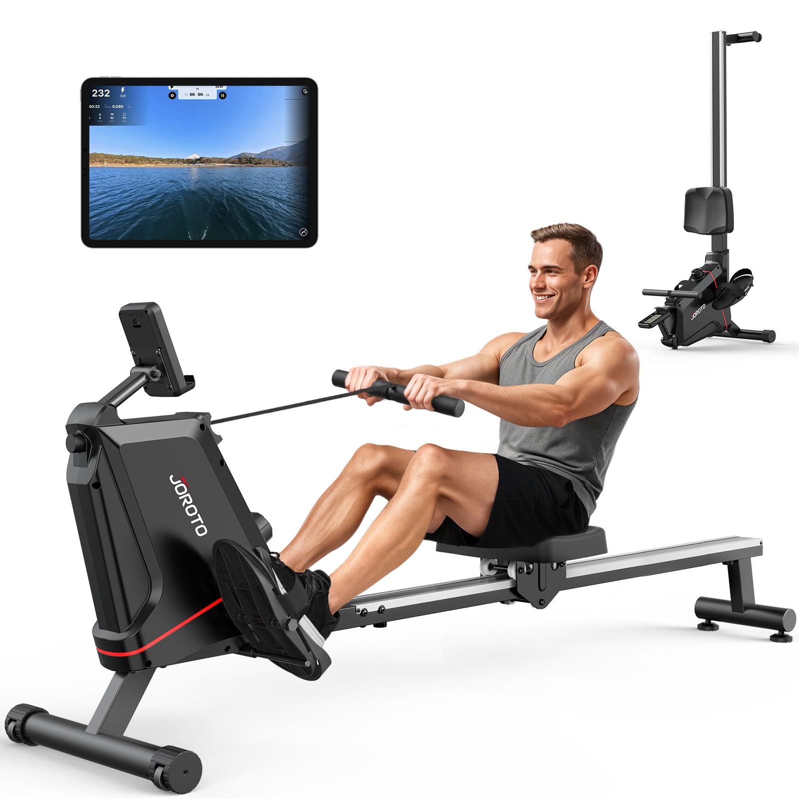 JOROTO Vogatore per Casa, Vogatore Magnetico Silenzioso con Monitor Bluetooth, Carico Massimo 160 KG, Facile da Montare, Stoccaggio Verticale, Salvaspazio
