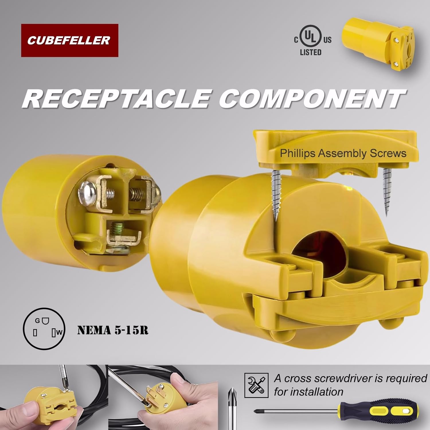 CUBEFELLER® Electrical Replacement Plug & Connector Set, Extension Cord Ends Male and Female, 3 Prong, 15Amp, 125Volt, NEMA 5-15P & NEMA 5-15R, UL Listed,1 Set,Comes with a Screwdriver,ER0105S