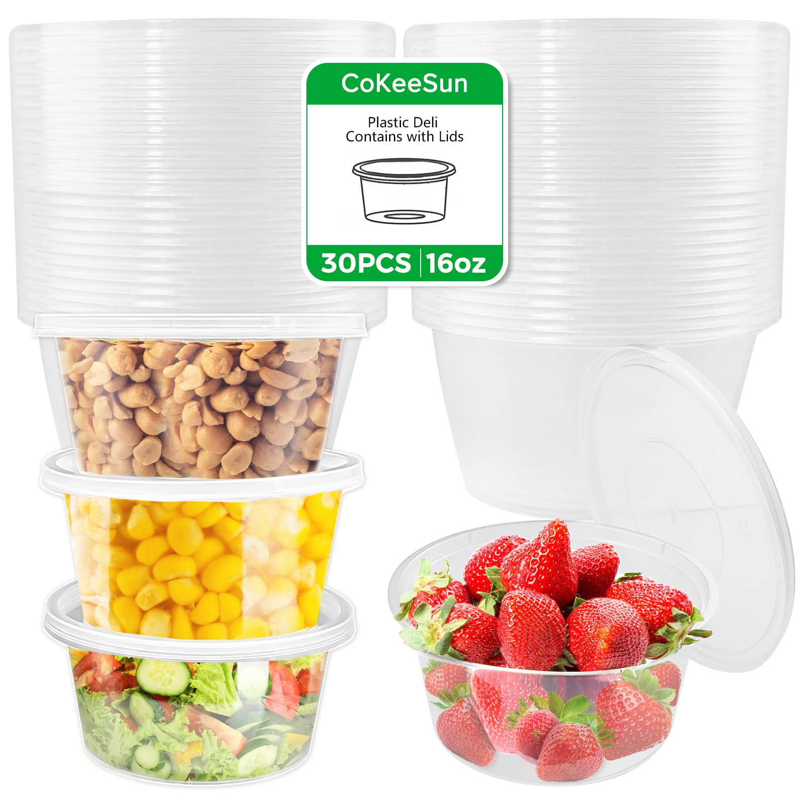CoKeeSun 30Pcs Food Containers with Lids Round, 16oz/450ml Plastic Containers with Lids Reusable, Leakproof Sauce Pots, Deli Containers for Storage Fruit Takeaway Dip Snack