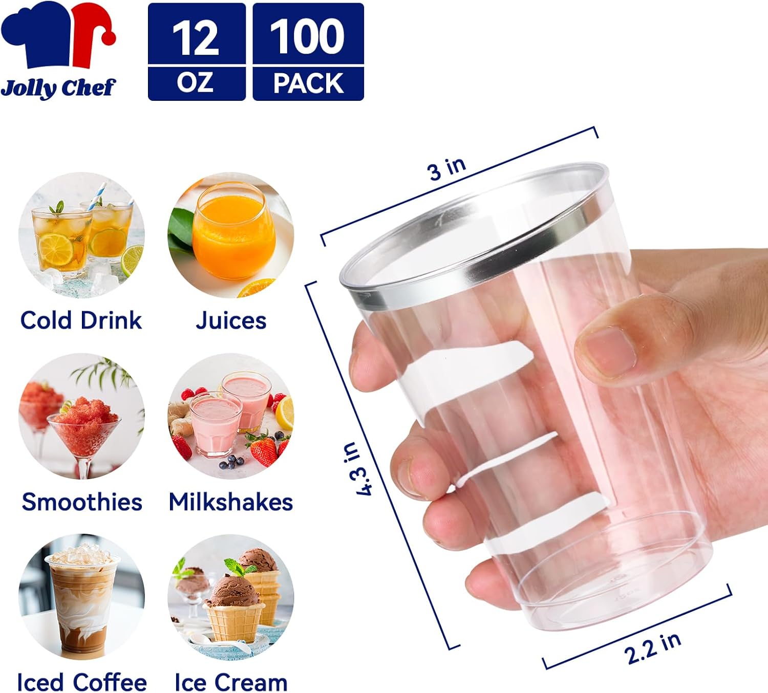 JOLLY CHEF 100 Pack Silver Plastic Cups, 12 oz Clear Plastic Cups Tumblers, Elegant Silver Rimmed Disposable Drink Glasses for Party Wedding, Thanksgiving Day, Christmas - Image 3