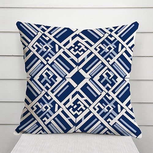 Miniatura 3 de Lacefield - Fundas de almohada geométricas con estampado de enrejado, estilo europeo, chinoiserie, funda de almohada abstracta, color azul y blanco,