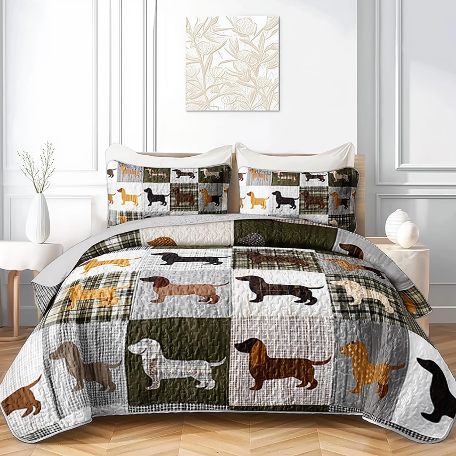 Colorful Dachshund Dogs Quilts Bedding King 3Pcs Wildlife Pet Puppy Quilt Bed Set Patchwork Grid Lightweight Soft Bedspread Coverlet with 2 Pillowcases for Kid Boy Girl Teen Adult Bed Decor