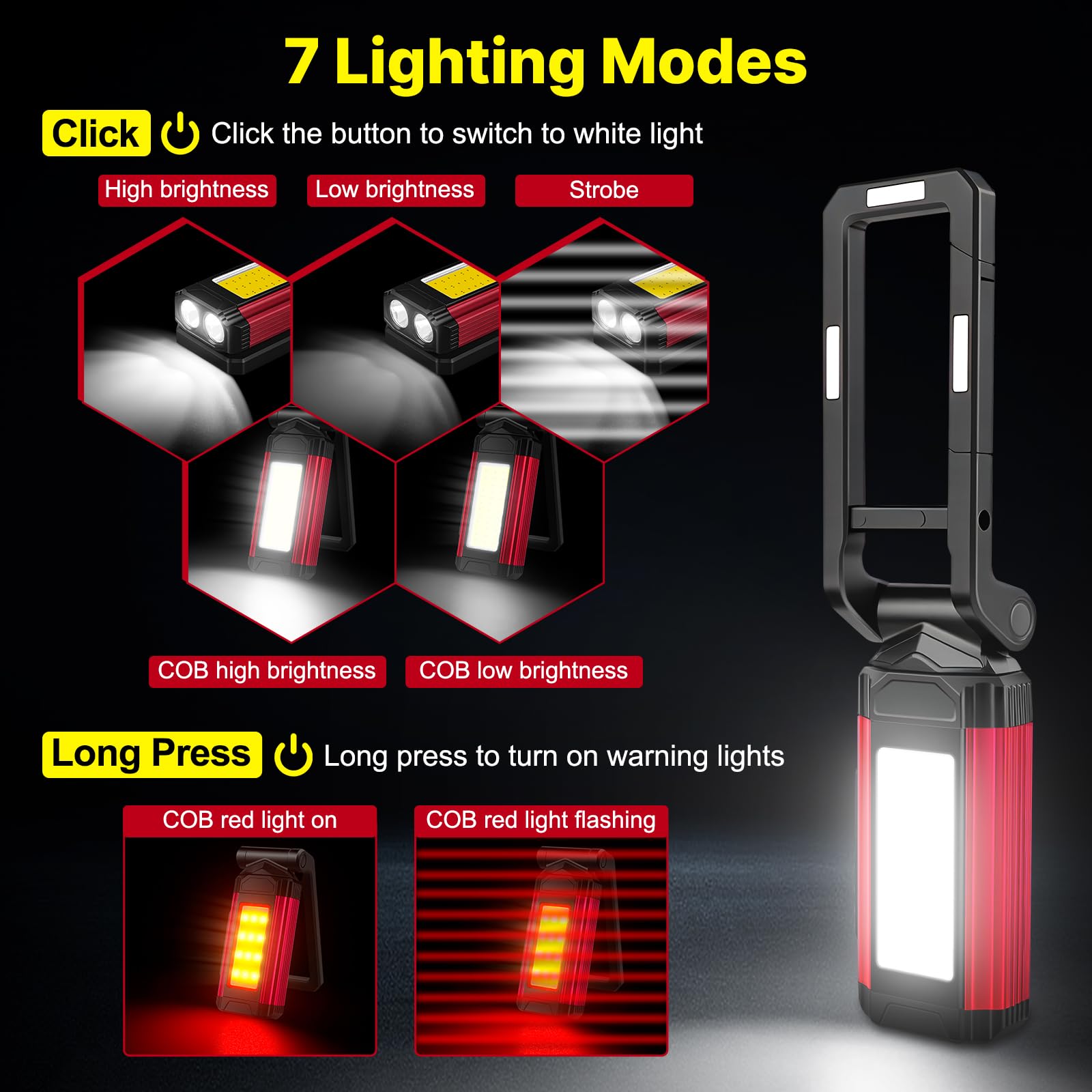 Lampe Travail Led Rechargeable, Baladeuse Led Mecanicien, Lampes d'inspection, Lampe Atelier CoB, Support Rotatif et Crochet Magnétique Pliable, Idéal pour Réparations, Camping Les Urgences, 2 Pièce