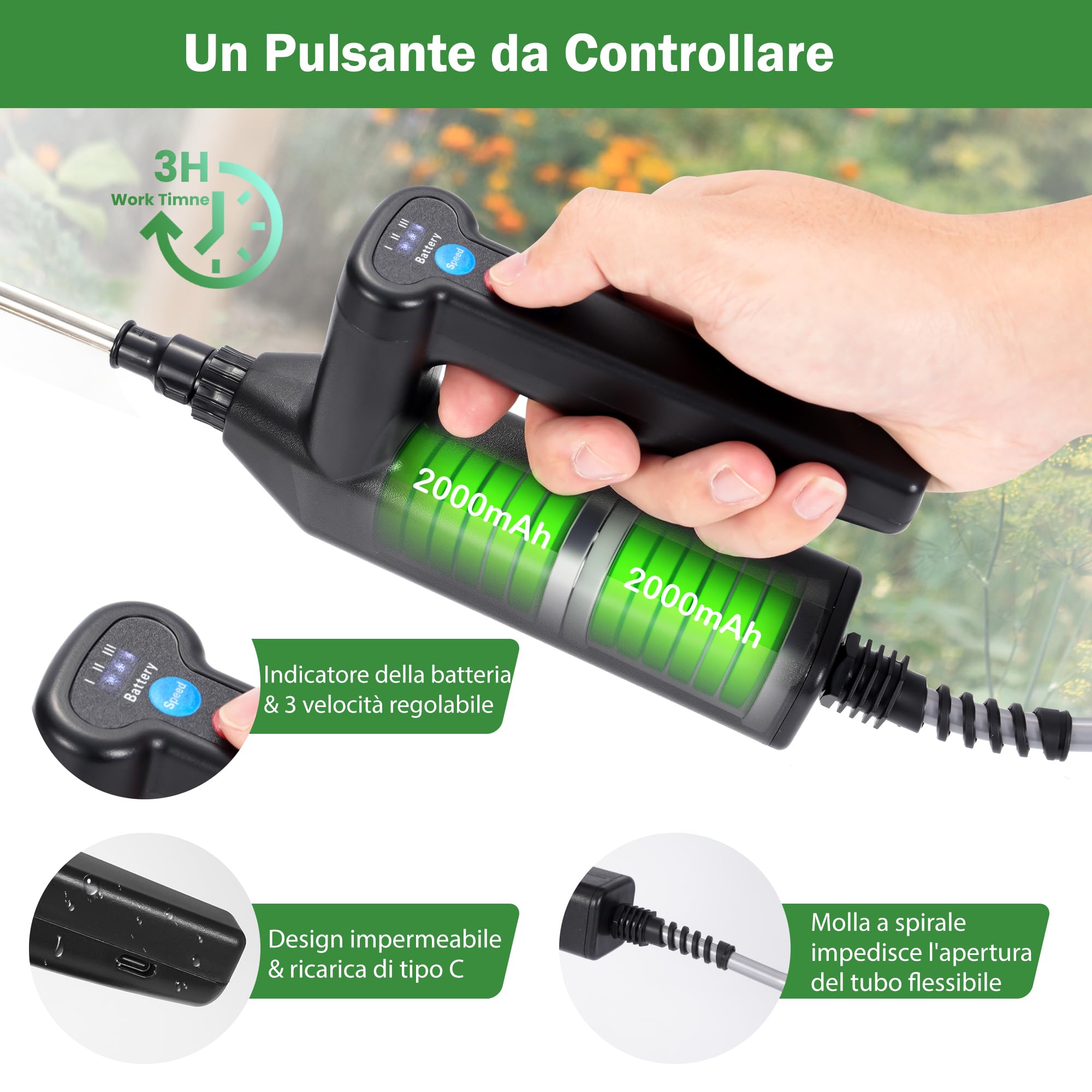 Spruzzatore Elettrico per Piante da 8L, Aggiornato Nebulizzatore a Pressione da Giardino con 4 Ugelli Regolabile, 3 Velocità Regolabile, Indicatore di Livello della Batteria (8L)