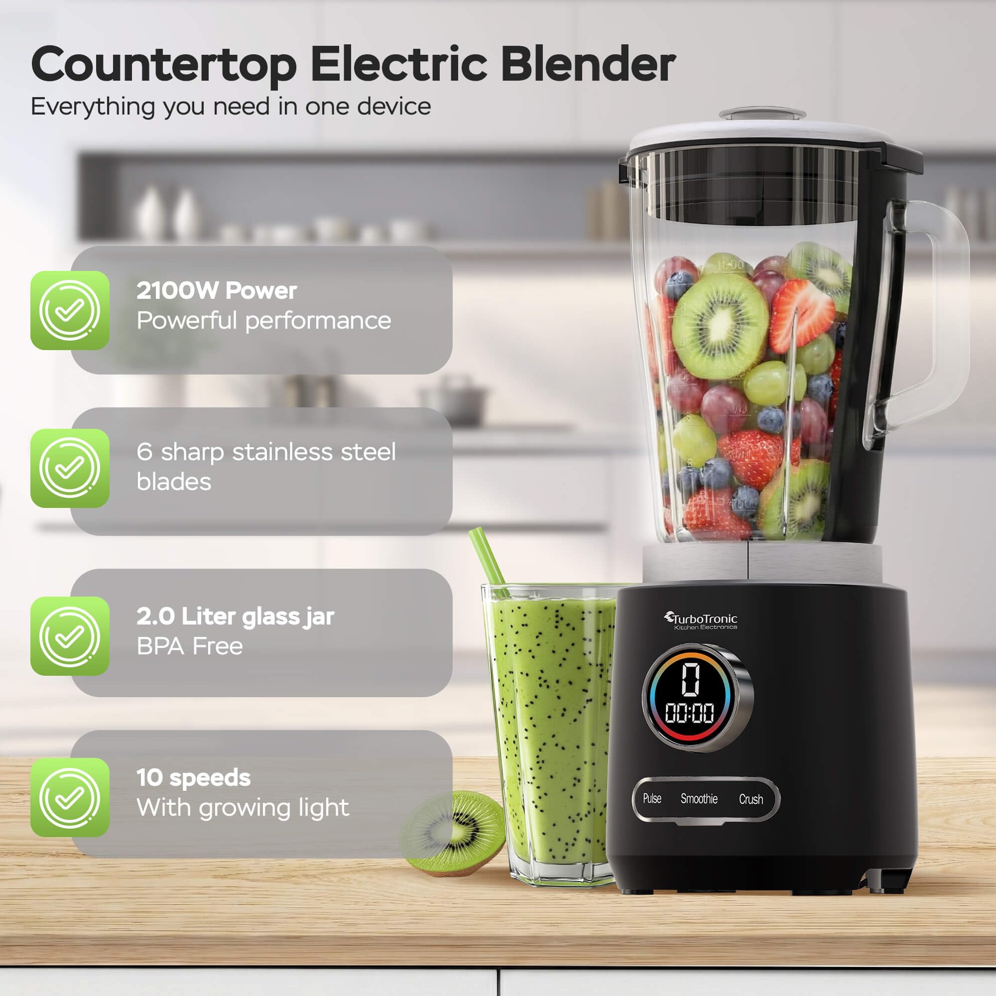 TurboTronic Standmixer - BG7-2100 Watt (25.000 RPM) mit 2,0 L Glasbehälter Edelstahl, Glas Smoothie Mixer/Maker Ice Crush Funktion Milchshaker Blender BPA FREI