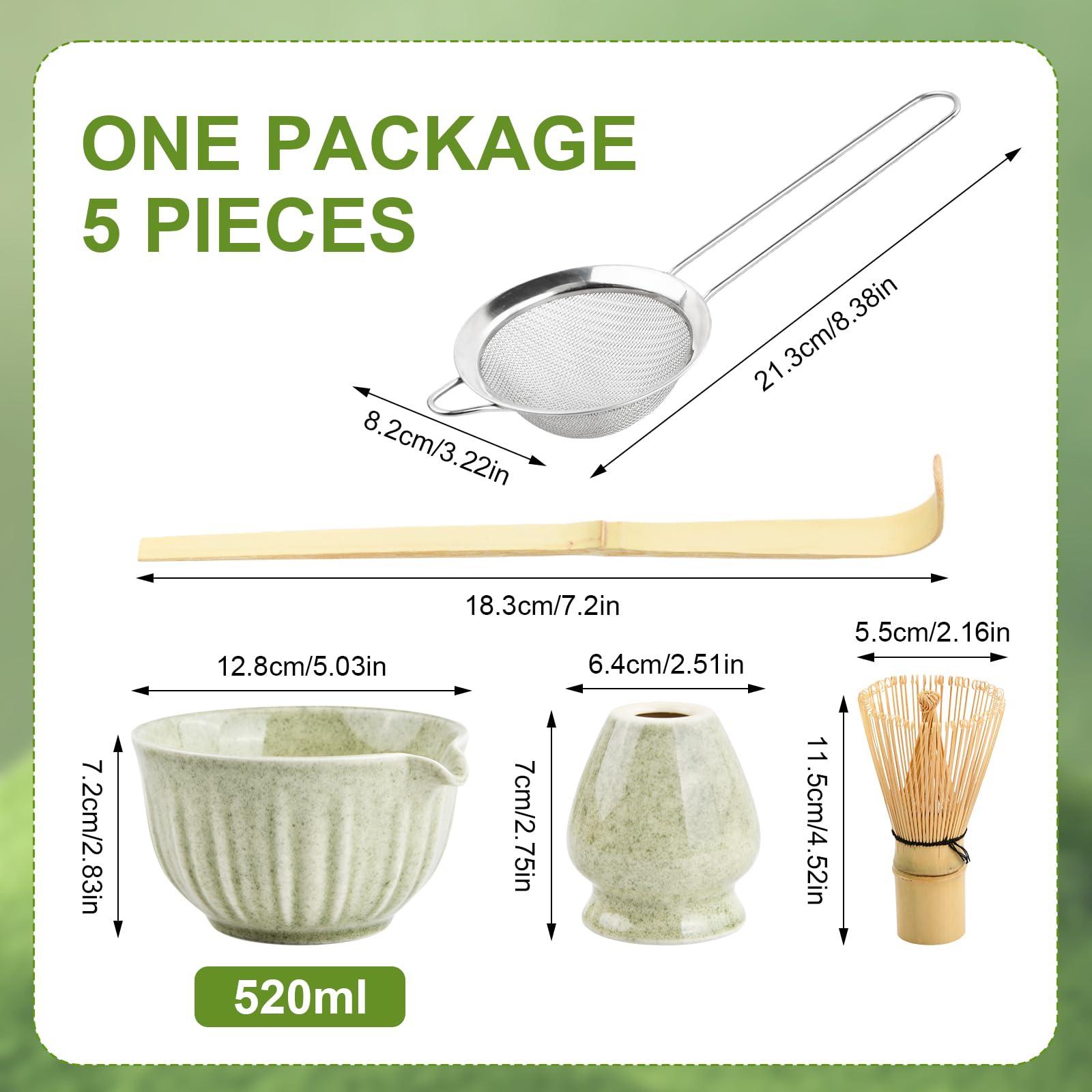 Matcha Kit Giapponese 5 Pezzi, Set da Tè Matcha con Ciotola per Matcha, Frusta per Matcha, Supporto Chasen, Cucchiaio e Setaccio Inox – Matcha Set Idea Regalo Elegante per Cerimonia del Tè