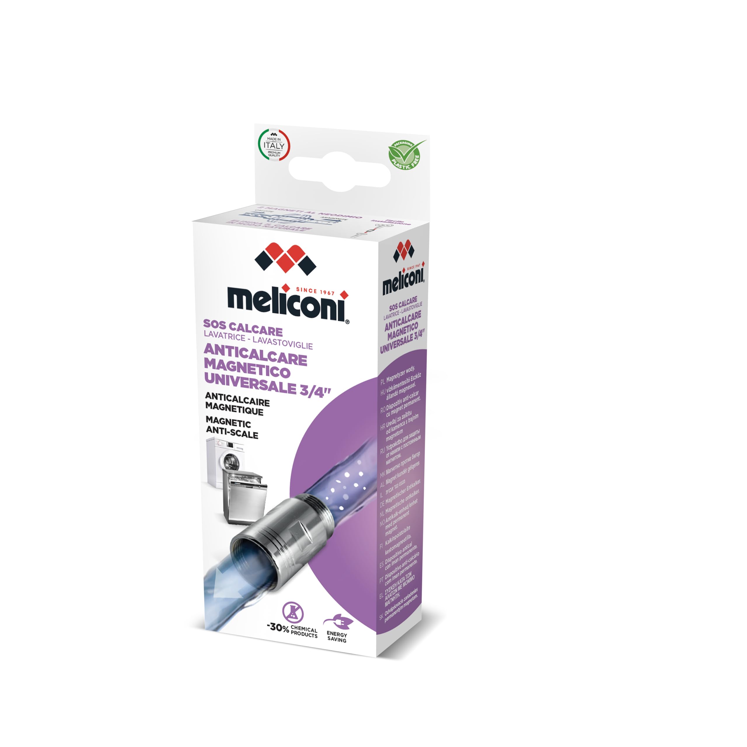 Meliconi SOS Calcare, Anti-Kalk-Filter für Waschmaschinen oder Geschirrspüler, Neodym-Magnetischer Anti-Kalk-Schutz, Universalanschluss 3/4", Inklusive Dichtungen, Metall