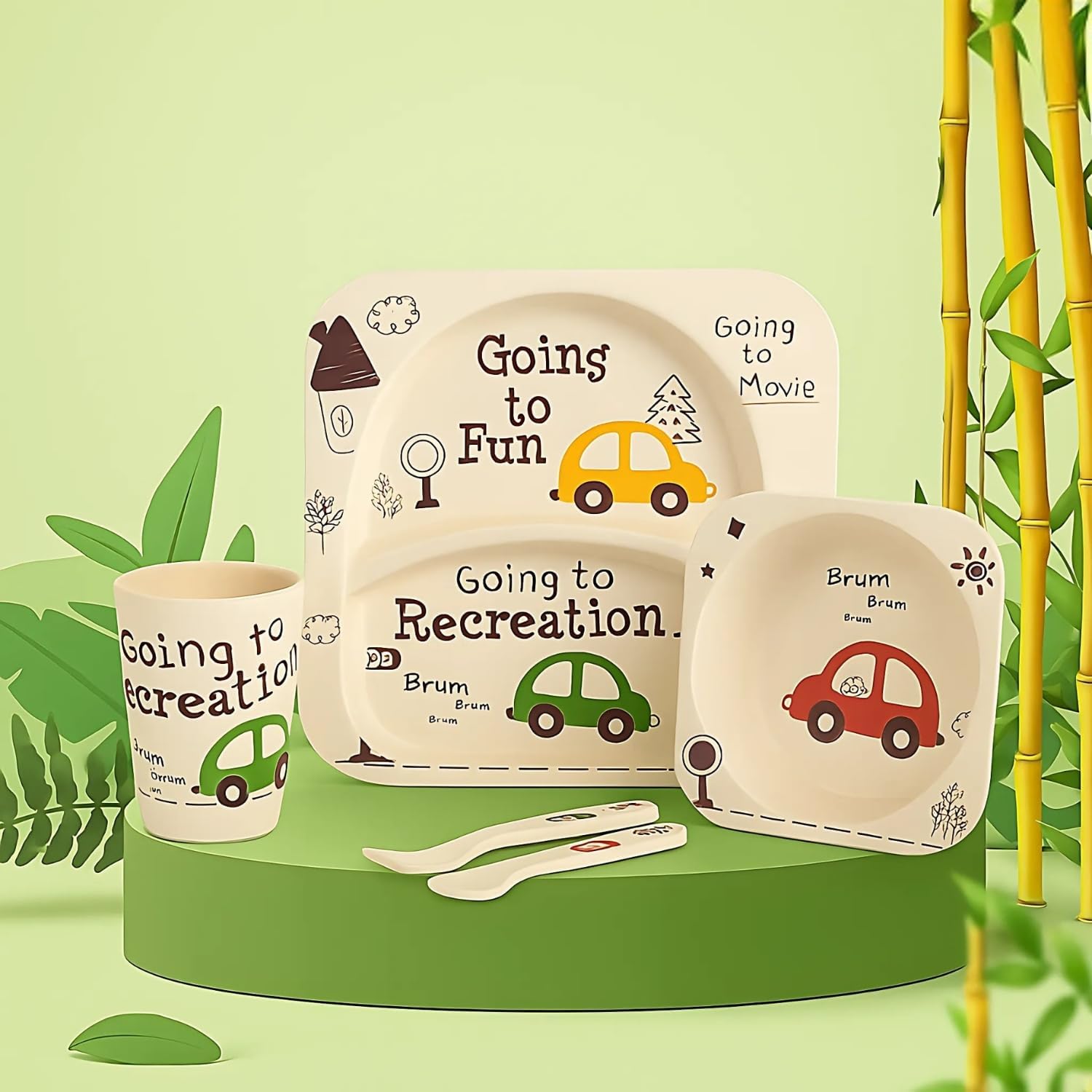 Tony Stark Bamboo Baby Feeding Set - 5-Piece Tableware for Toddlers, Kids & Babies Includes Plate, Bowl, Cup, Spoon, Fork - BPA-Free, Unbreakable Eco-Friendly |Organic & Natural (Car)