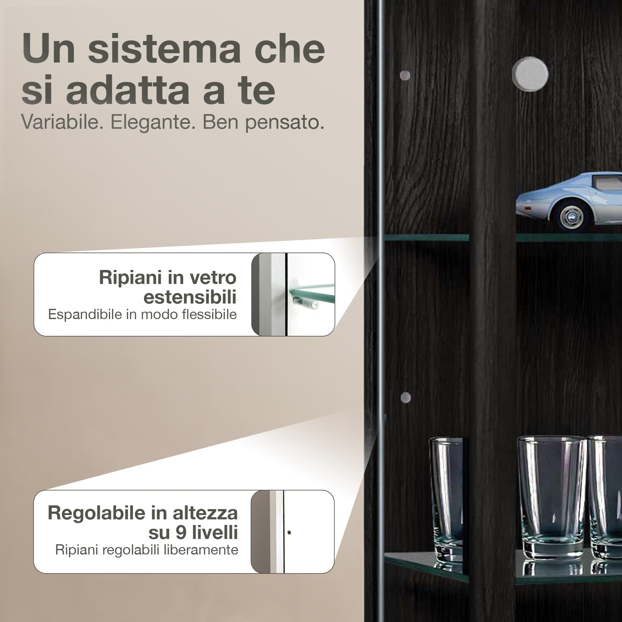 Vetrina in vetro nero (176x67x33 cm) con 4 ripiani in vetro regolabili in altezza e LED - Vetrina nera per automodelli - Vetrina nera - Vetrina da collezione