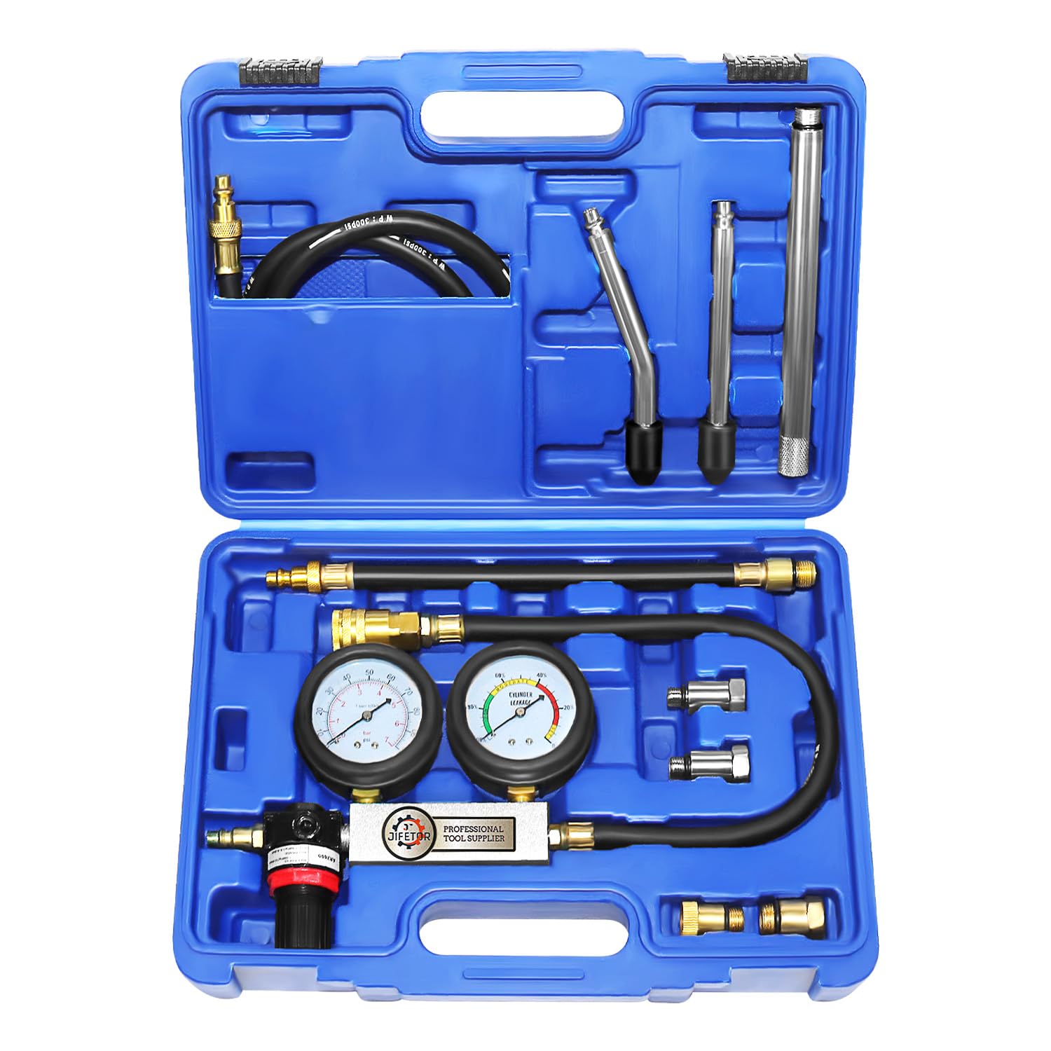 JIFETOR Cylinder Leak Down Tester Kit, Automotive Engine Compression Dual Gauge Leakdown Test Set with 10 12 14 18mm Spark Plugs Universal for Small Engine Motorcycle ATV, Blue Case