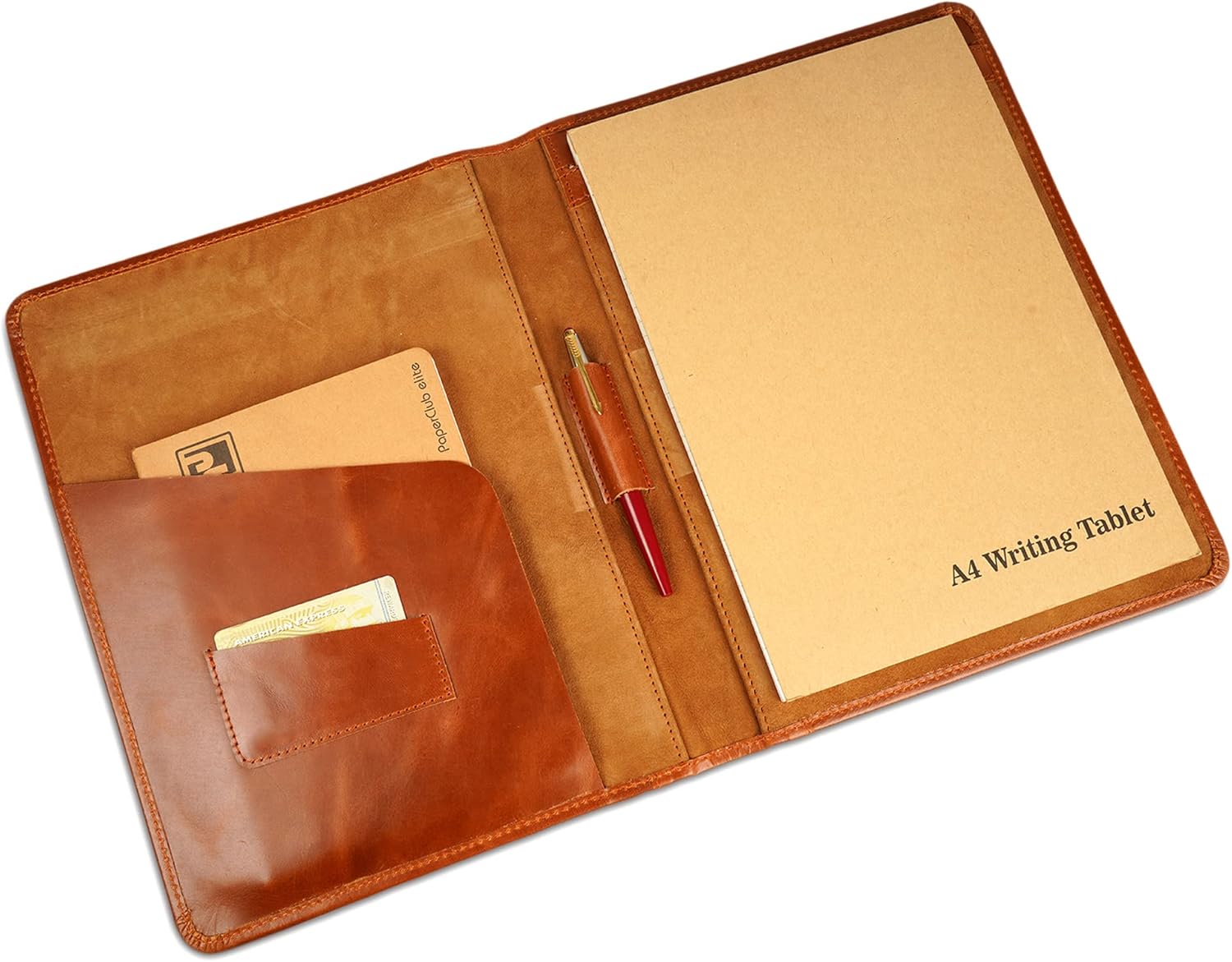 Leather Portfolio A4 Document Folder Legal Pad Padfolio, Professional Writing Letter Notepad Clipboard Sleeve Organizer, Resume Folio Binder for Men&Women Cognac Brown